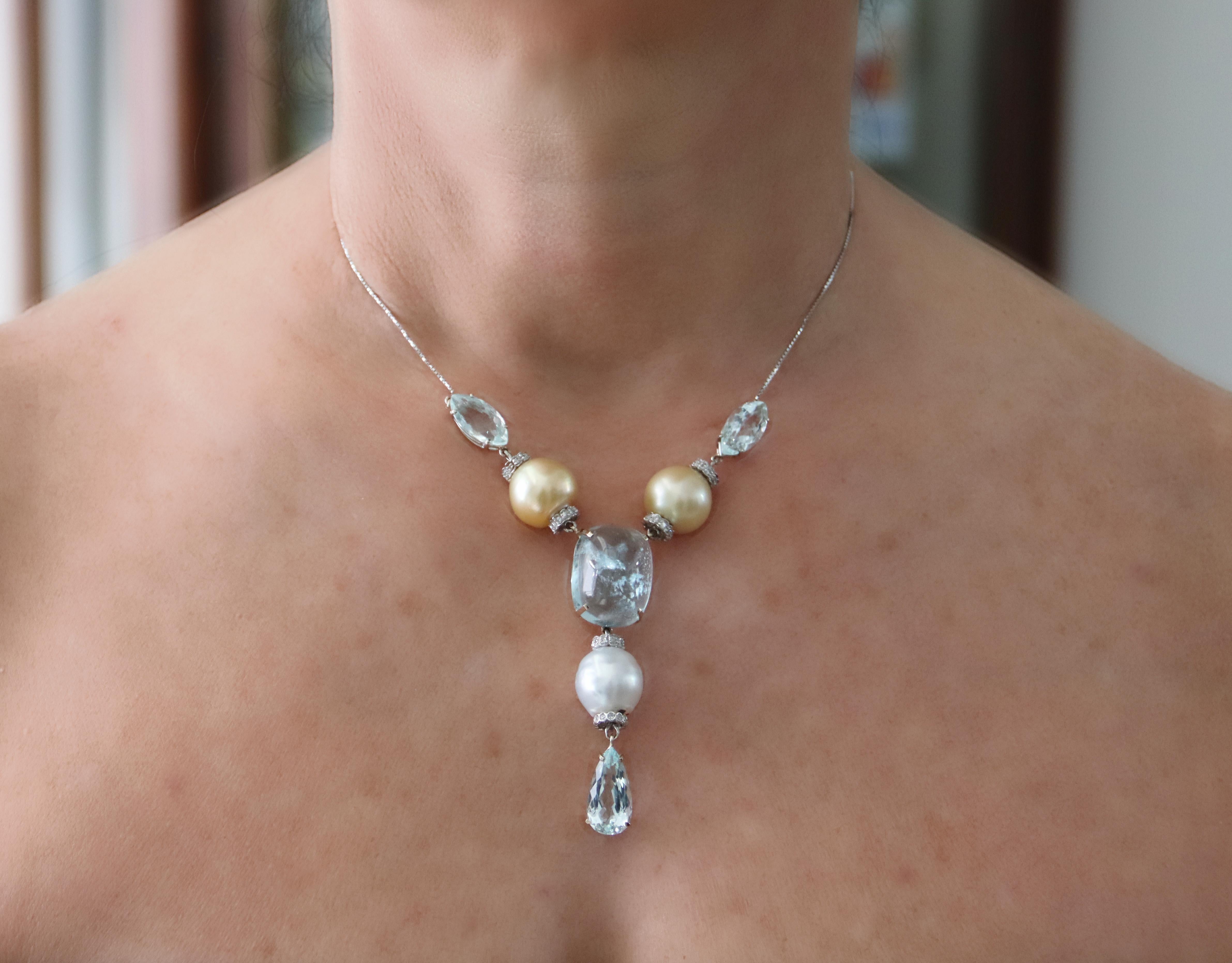 Pearls Diamonds Aquamarine 18 Karat White Gold Pendant Necklace For Sale 4