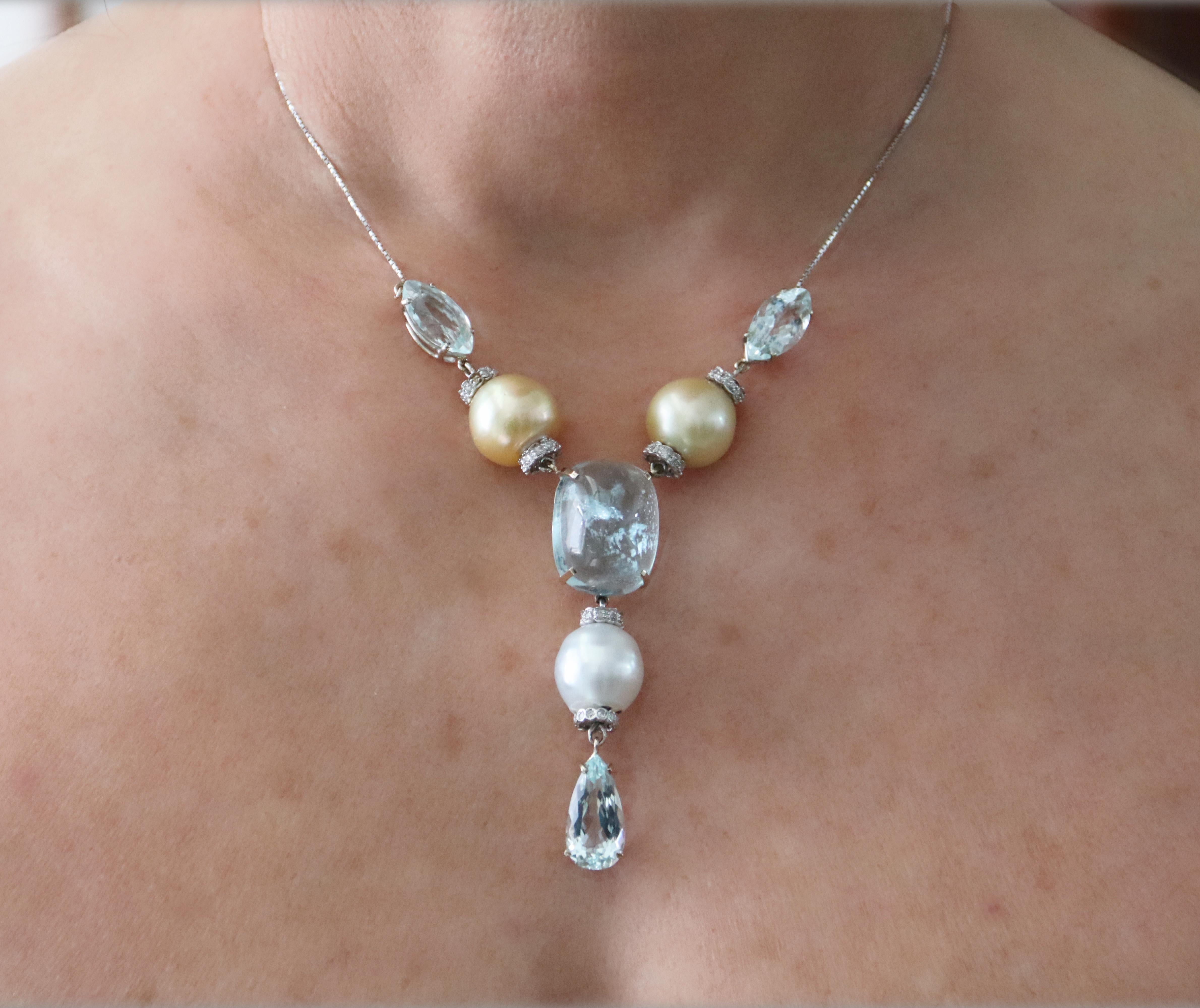 Pearls Diamonds Aquamarine 18 Karat White Gold Pendant Necklace For Sale 5