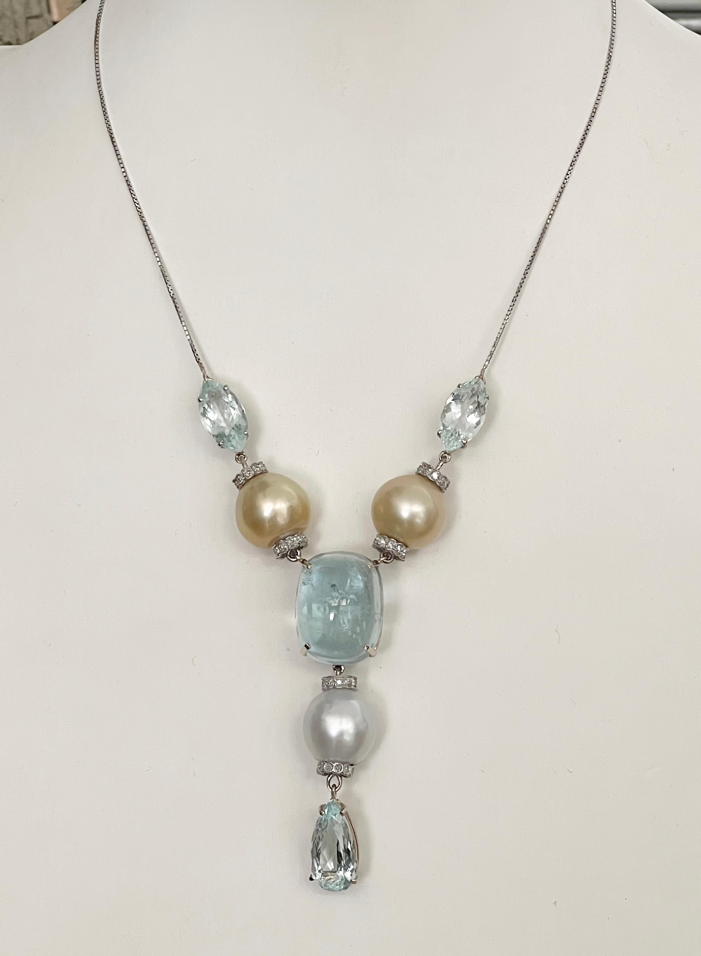 Beautiful 18 karat white gold pendant necklace.Handmade by our craftsmen assembled with diamonds,aquamarine and south sea pearl

Diamonds weight 0.60 karat
Aquamarine weight 41 karat
Necklace total weight 29 grams
Pearls size 13.43 mm
Chain length