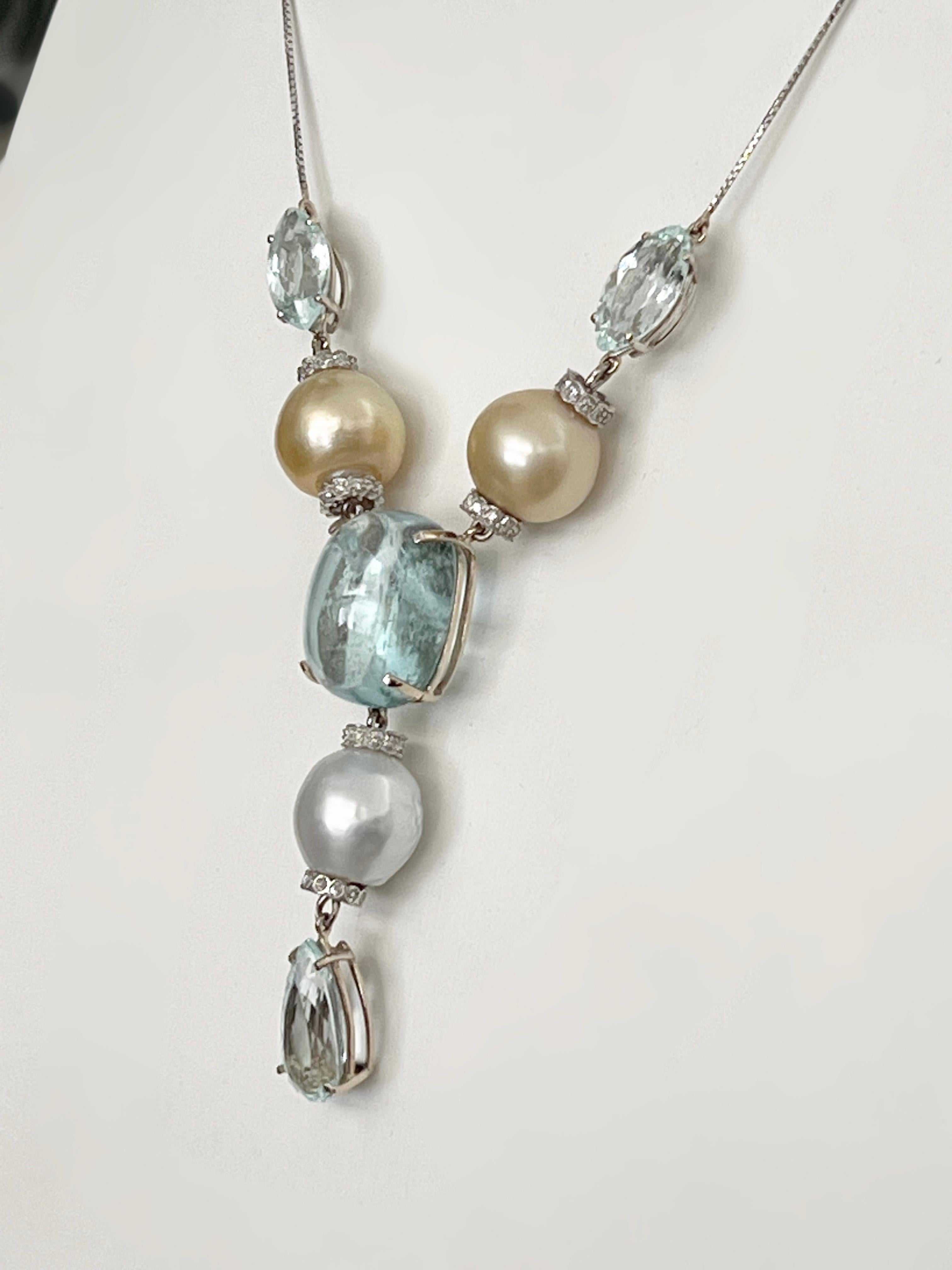Artisan Pearls Diamonds Aquamarine 18 Karat White Gold Pendant Necklace For Sale