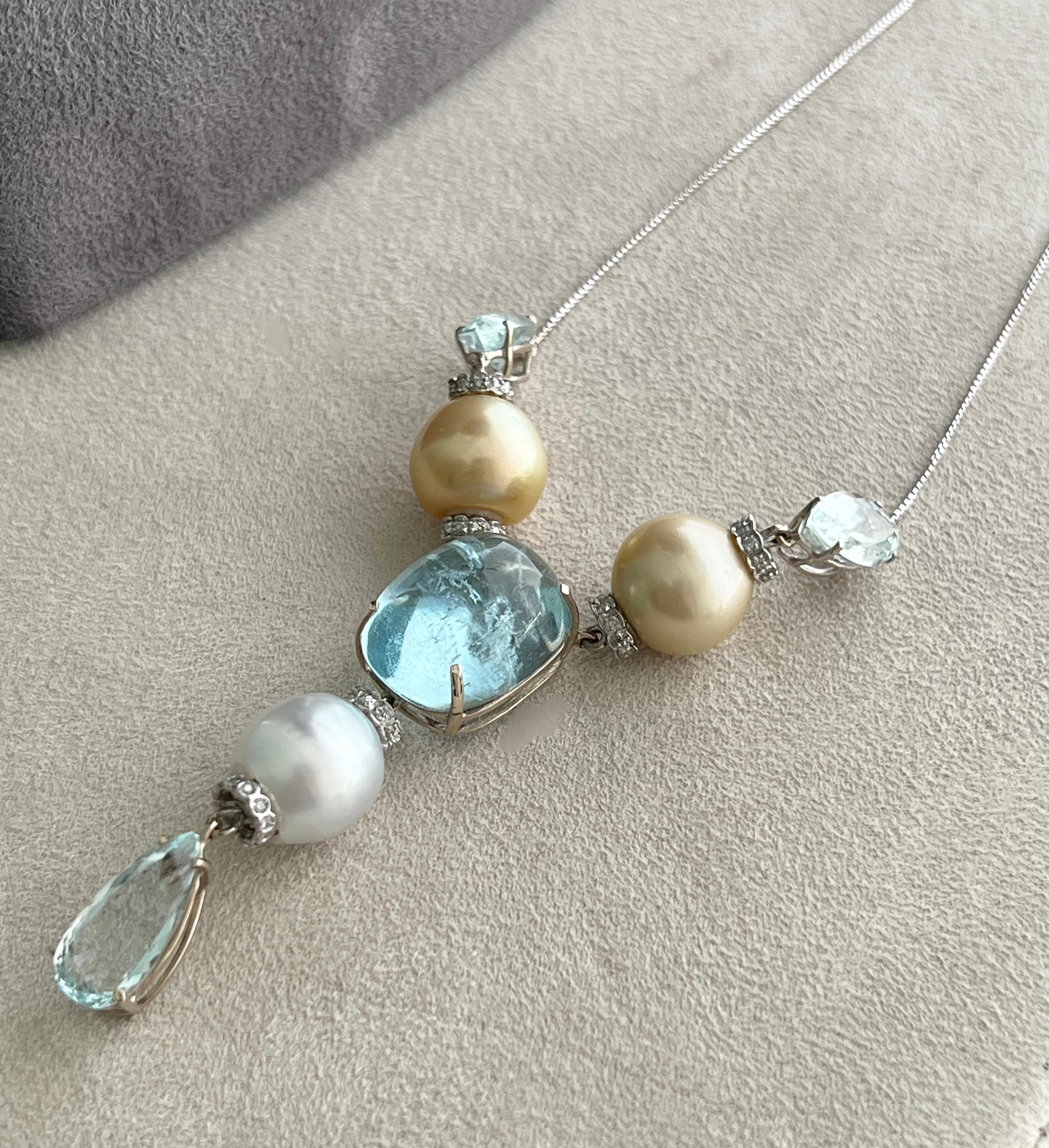 Brilliant Cut Pearls Diamonds Aquamarine 18 Karat White Gold Pendant Necklace For Sale