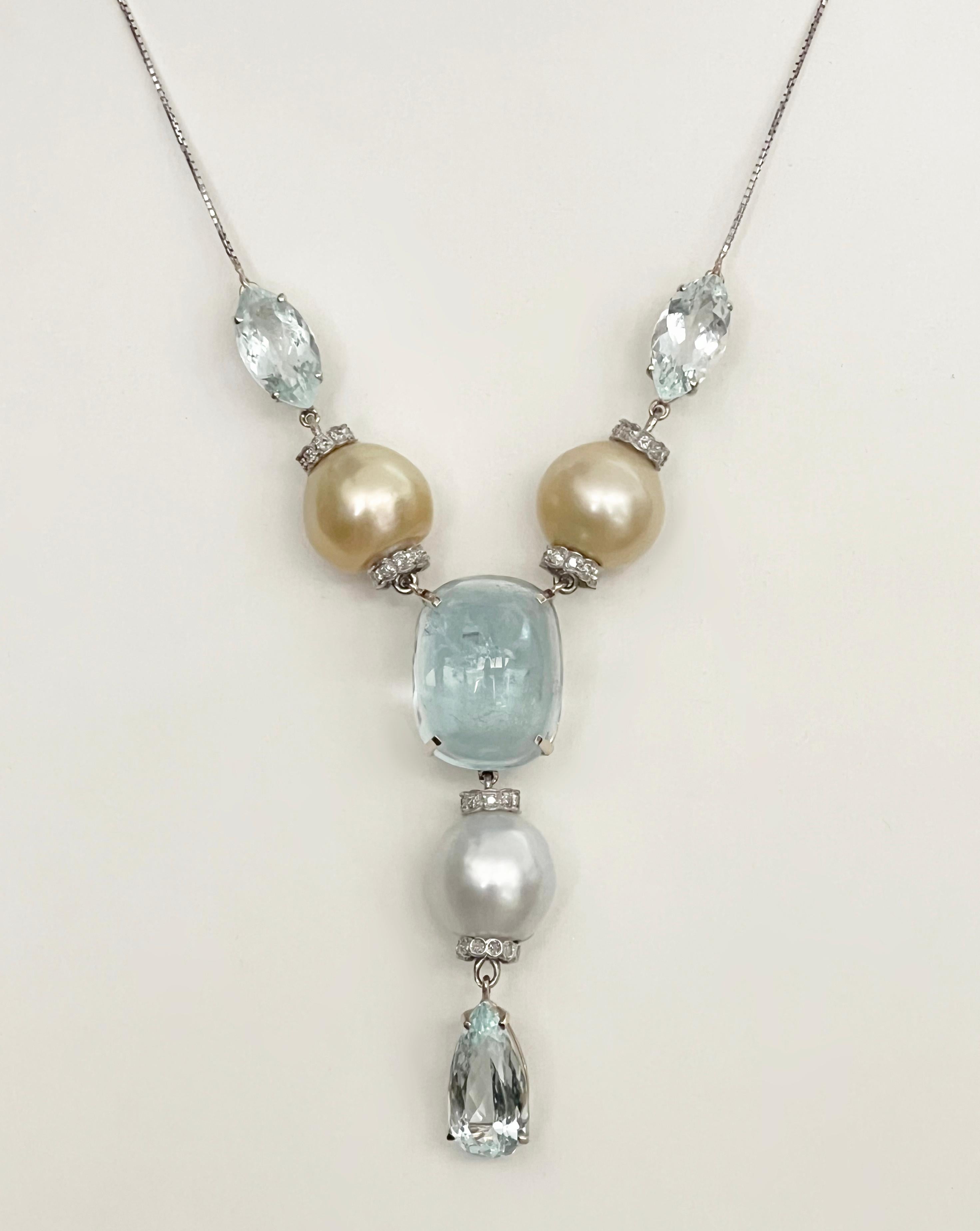 Women's Pearls Diamonds Aquamarine 18 Karat White Gold Pendant Necklace For Sale