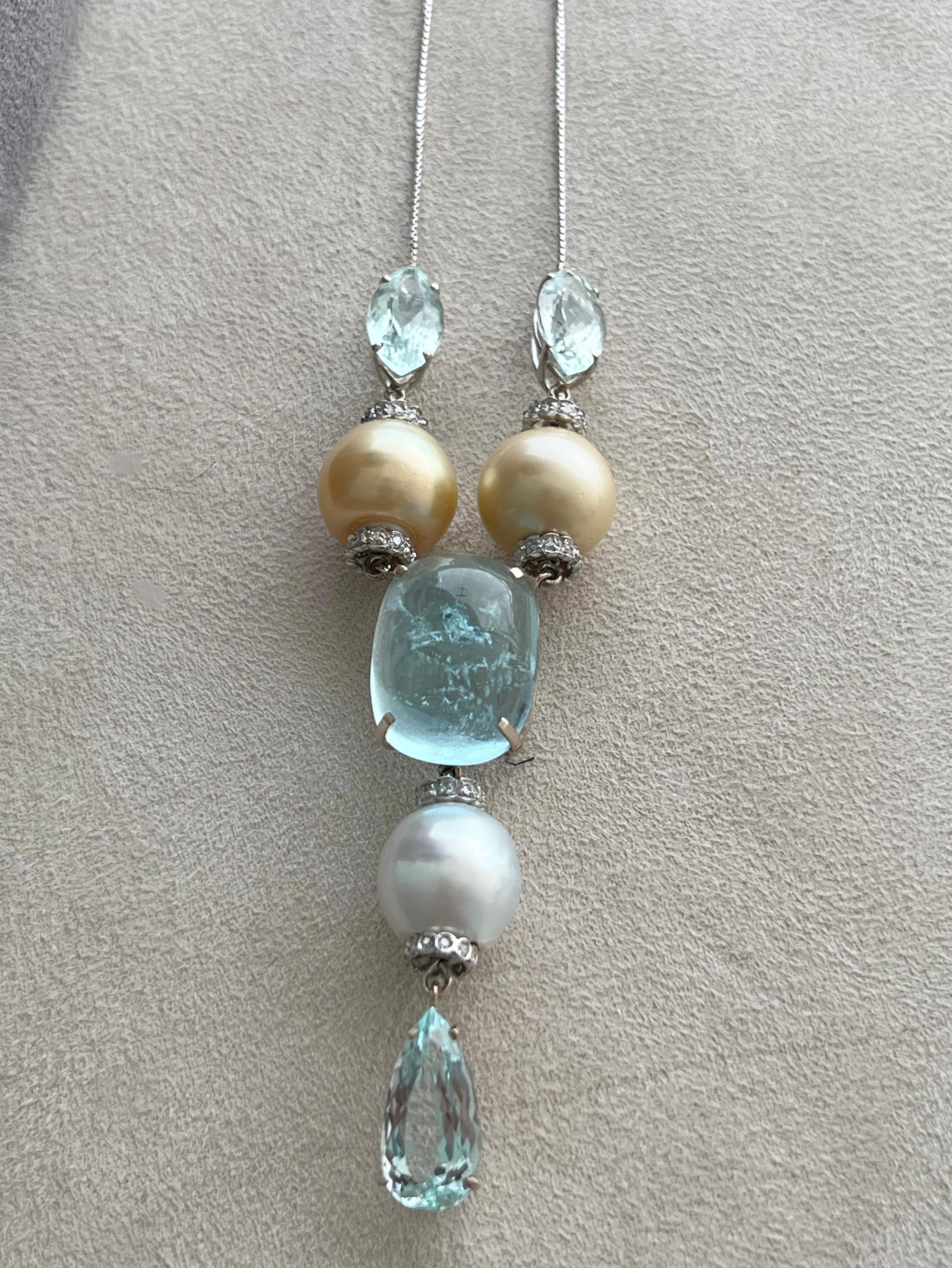 Pearls Diamonds Aquamarine 18 Karat White Gold Pendant Necklace For Sale 1
