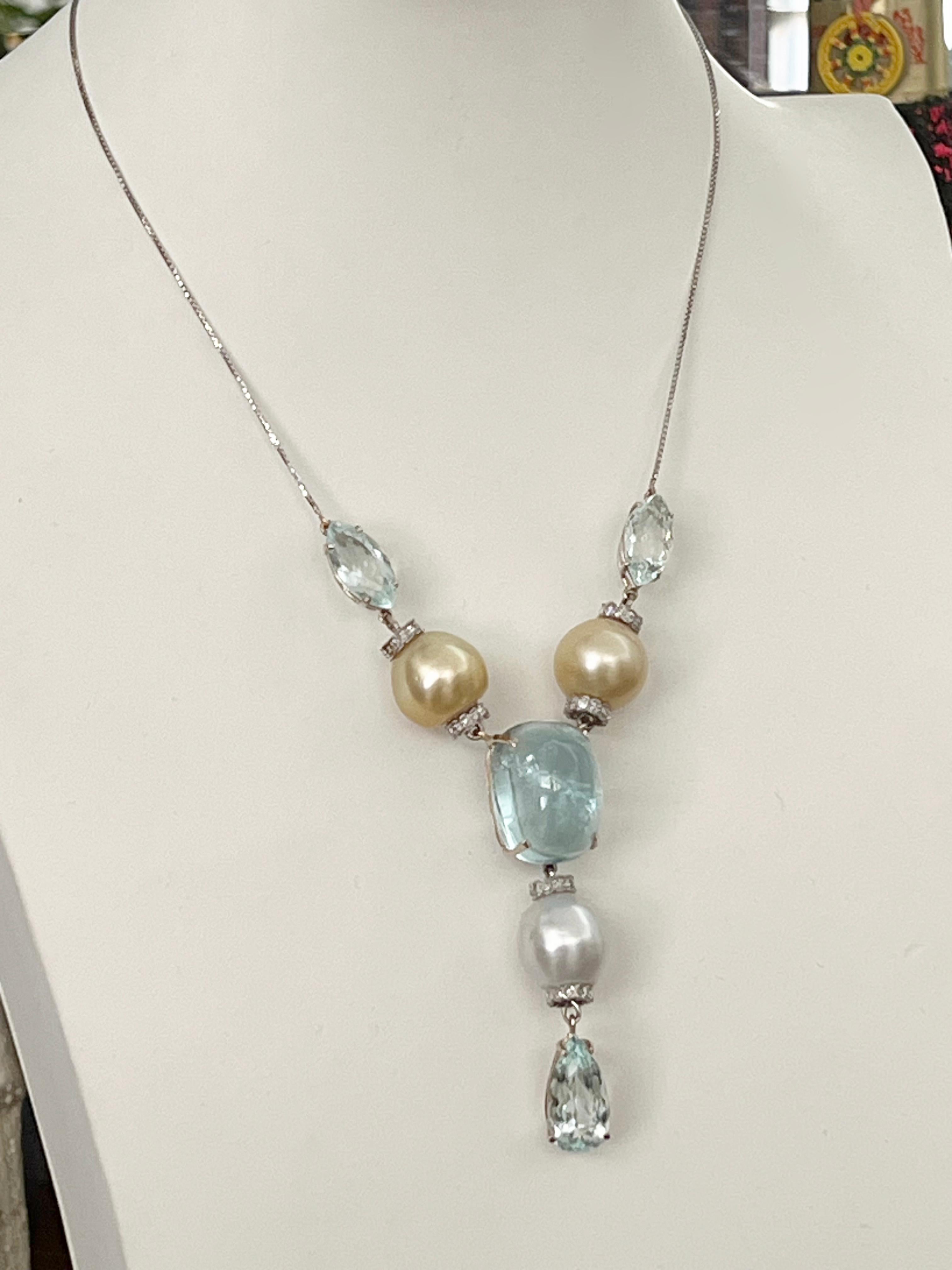 Pearls Diamonds Aquamarine 18 Karat White Gold Pendant Necklace For Sale 2