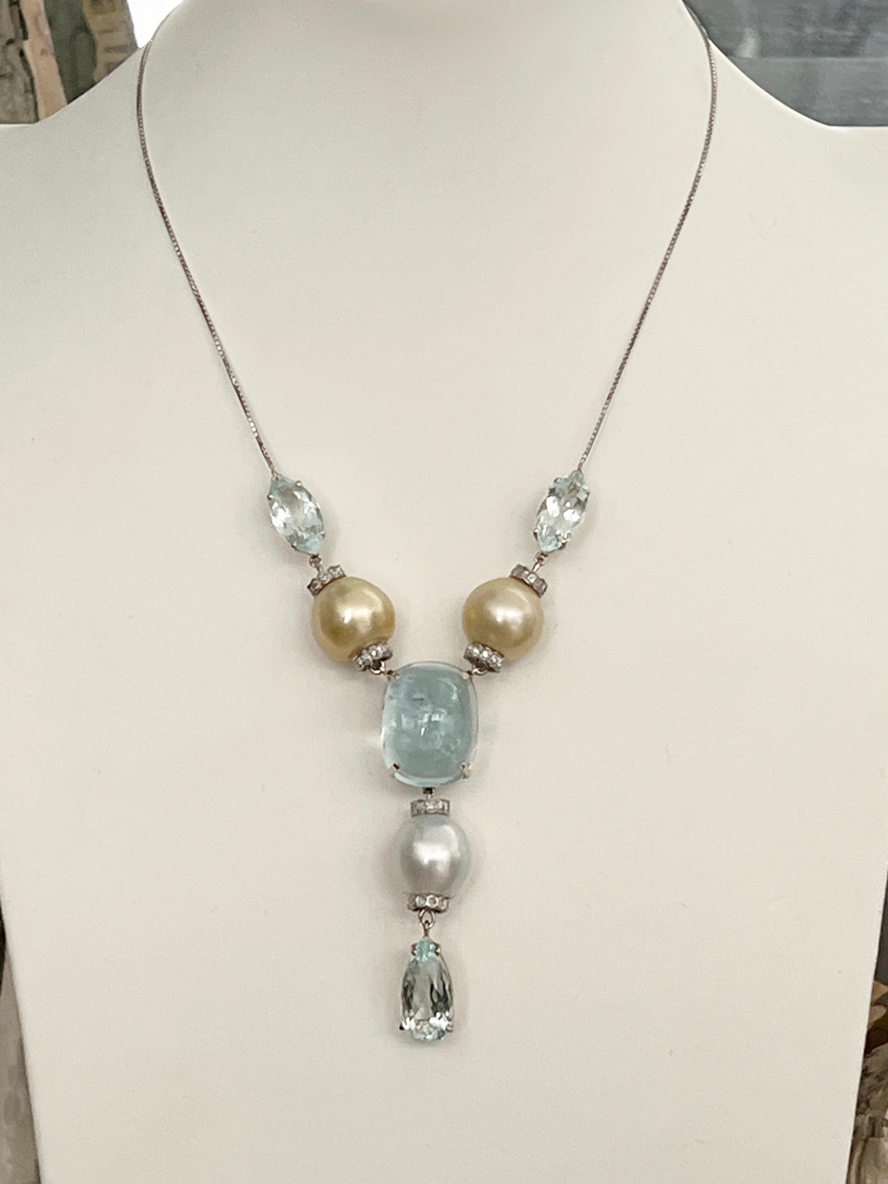 Pearls Diamonds Aquamarine 18 Karat White Gold Pendant Necklace For Sale 3