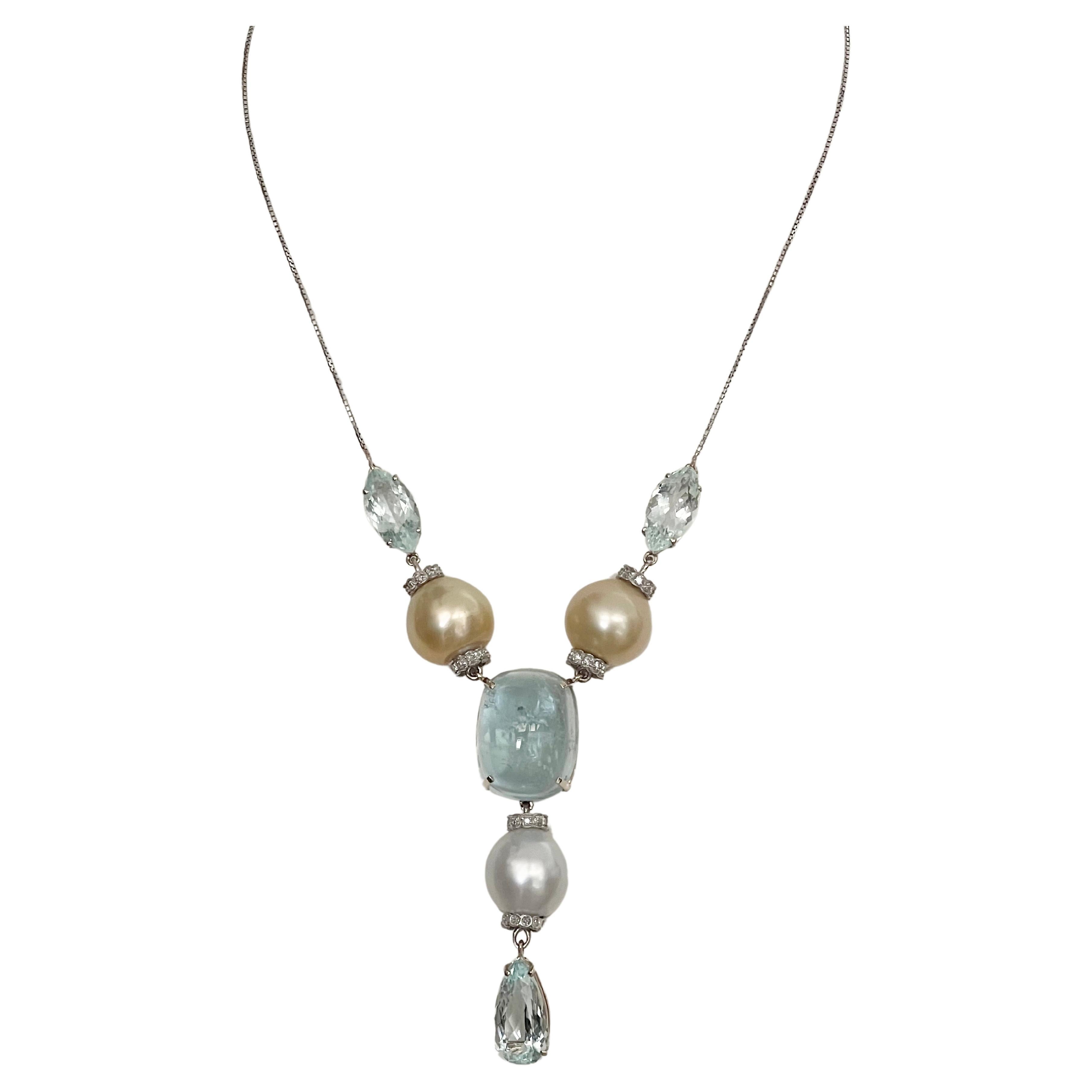 Pearls Diamonds Aquamarine 18 Karat White Gold Pendant Necklace For Sale