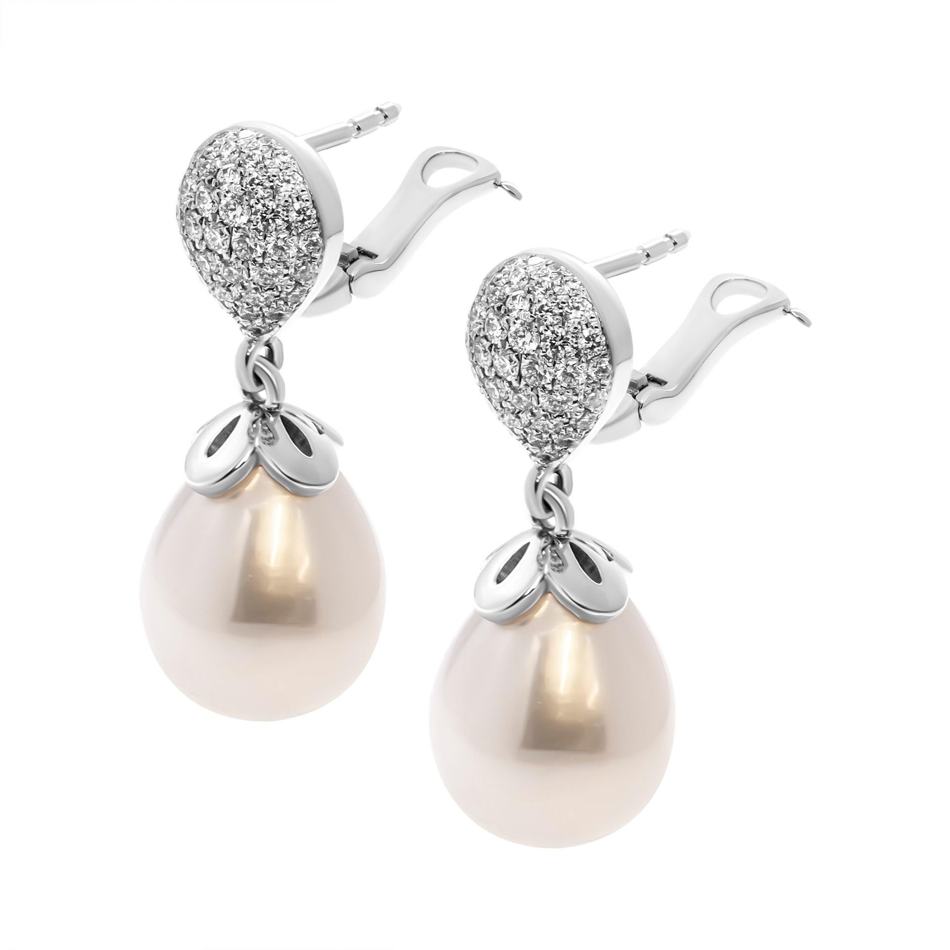 Round Cut Pearls & Diamonds Drop Earring For Sale