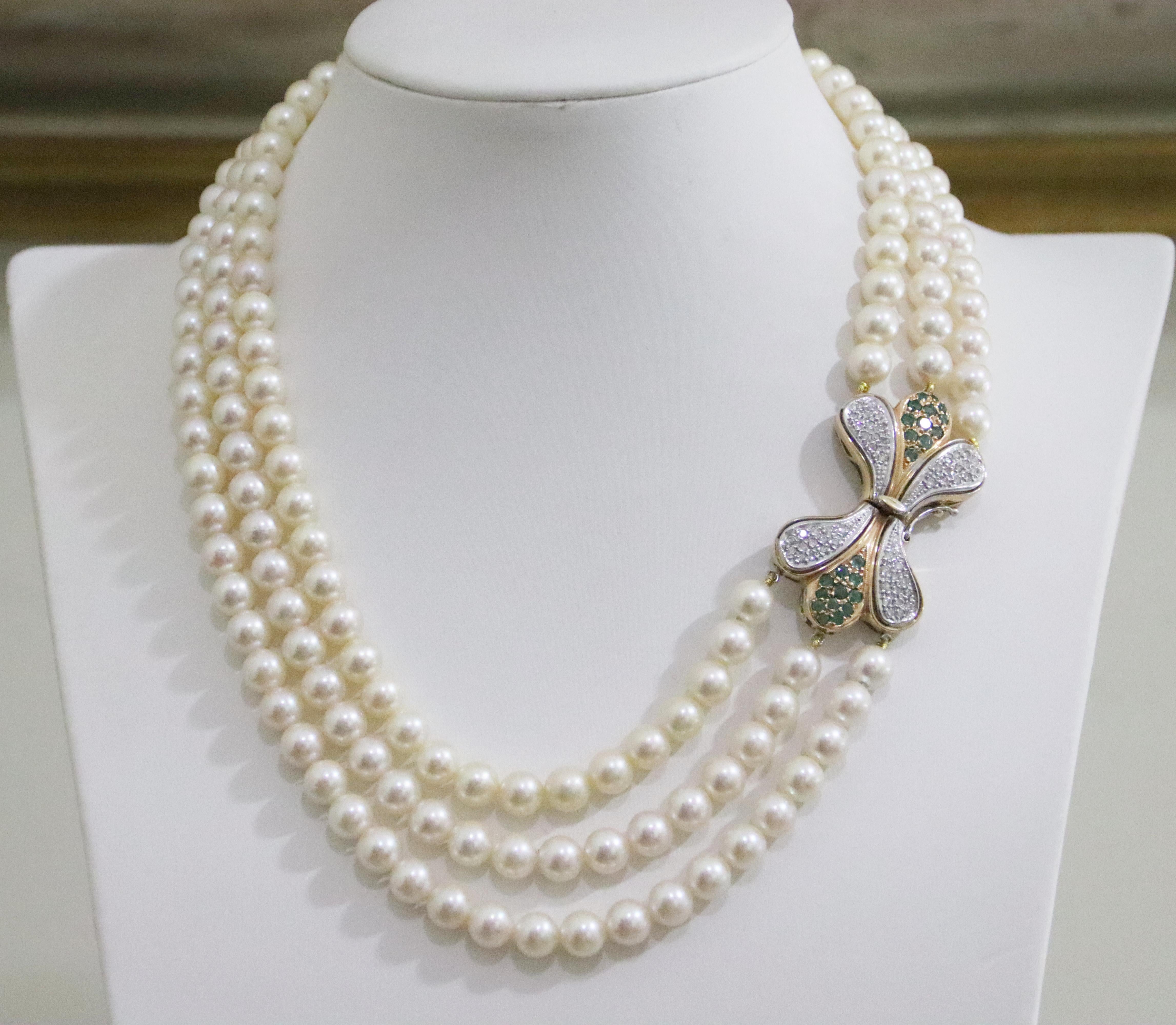 Artisan Pearls Diamonds Emeralds 18 Karat White And Yellow Gold Multi-Strand Necklace For Sale