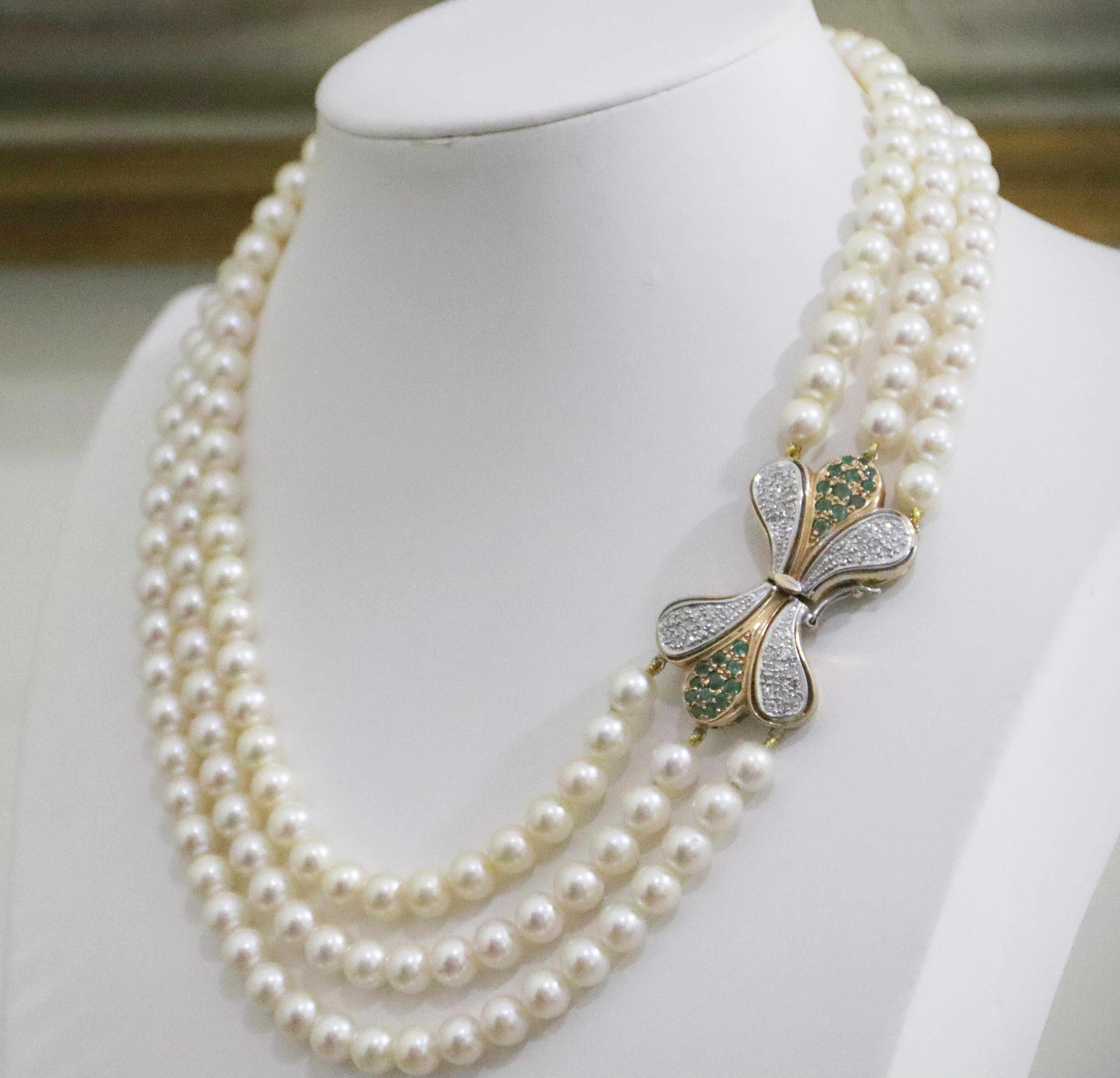 Women's Pearls Diamonds Emeralds 18 Karat White And Yellow Gold Multi-Strand Necklace For Sale
