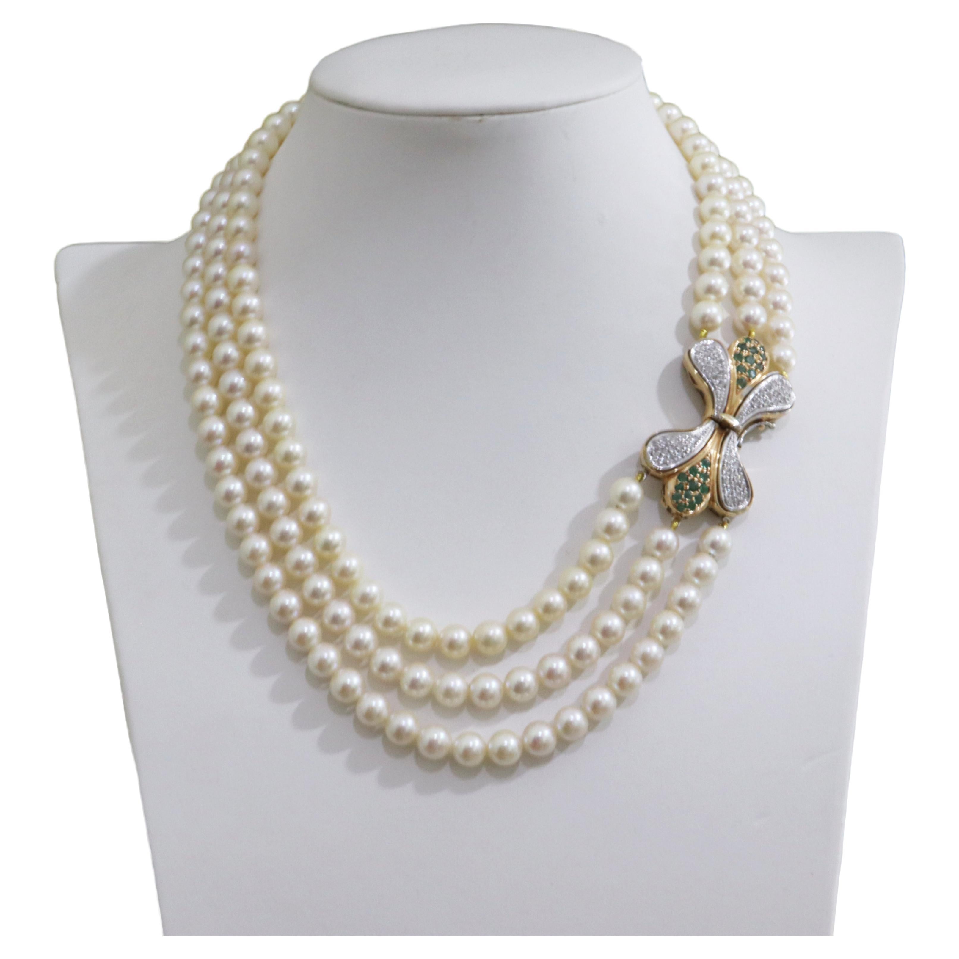 Pearls Diamonds Emeralds 18 Karat White And Yellow Gold Multi-Strand Necklace For Sale