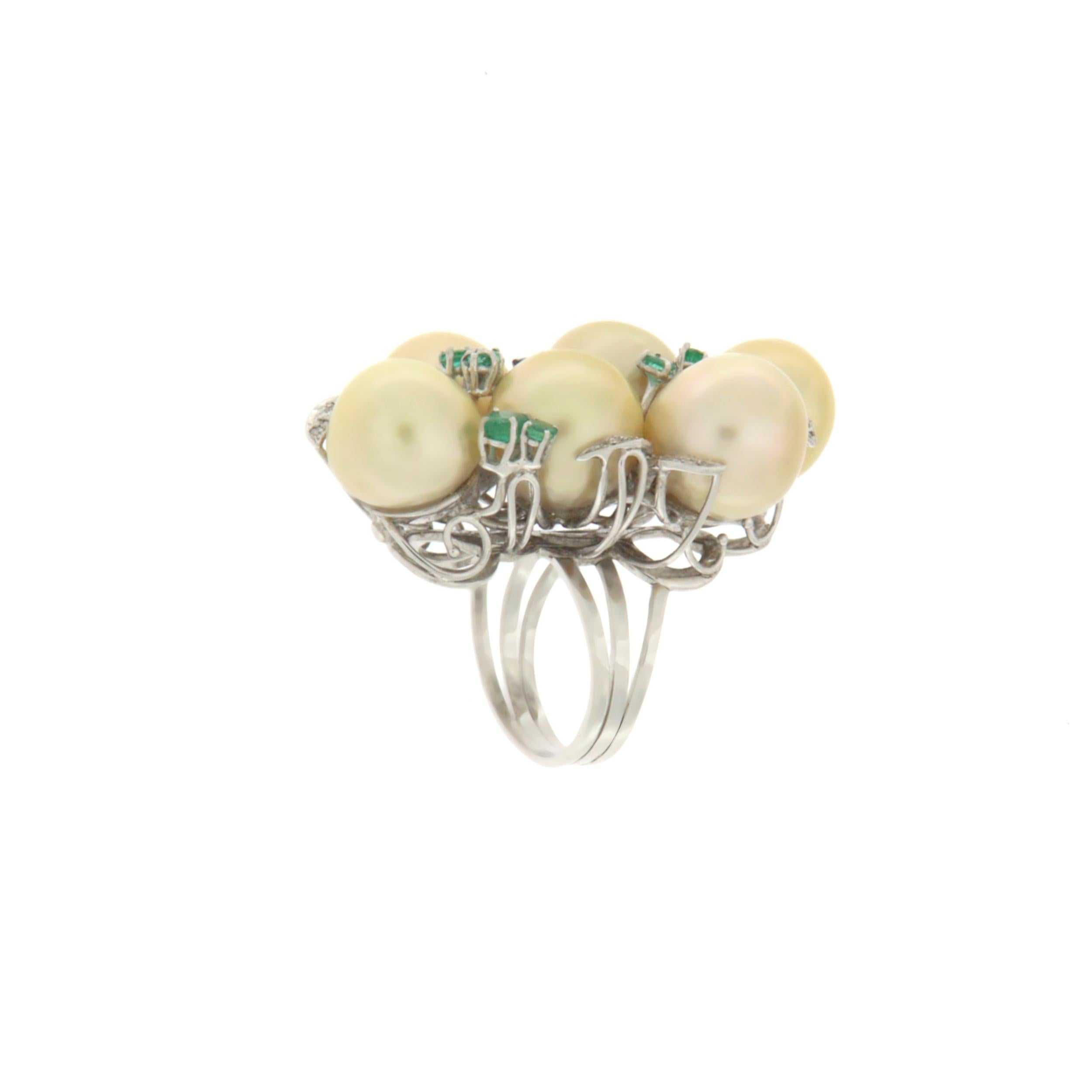 Contemporary Pearls Diamonds Emeralds Rubies Sapphires 18 Karats White Gold Cocktail Ring For Sale