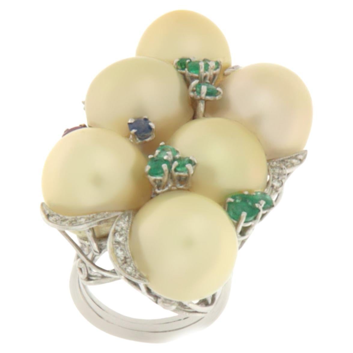 Pearls Diamonds Emeralds Rubies Sapphires 18 Karats White Gold Cocktail Ring For Sale