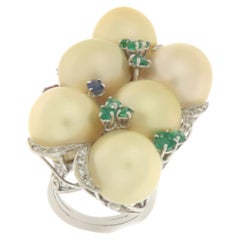 Pearls Diamonds Emeralds Rubies Sapphires 18 Karats White Gold Cocktail Ring