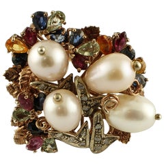 Pearls Diamonds Emeralds Rubies Sapphires 9 Karat Gold and Silver Retro Ring
