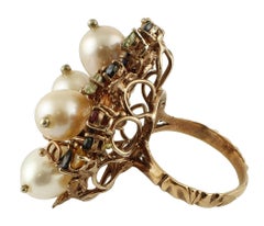 Pearls Diamonds Emeralds Rubies Sapphires 9 Karat Gold and Silver Retro Ring