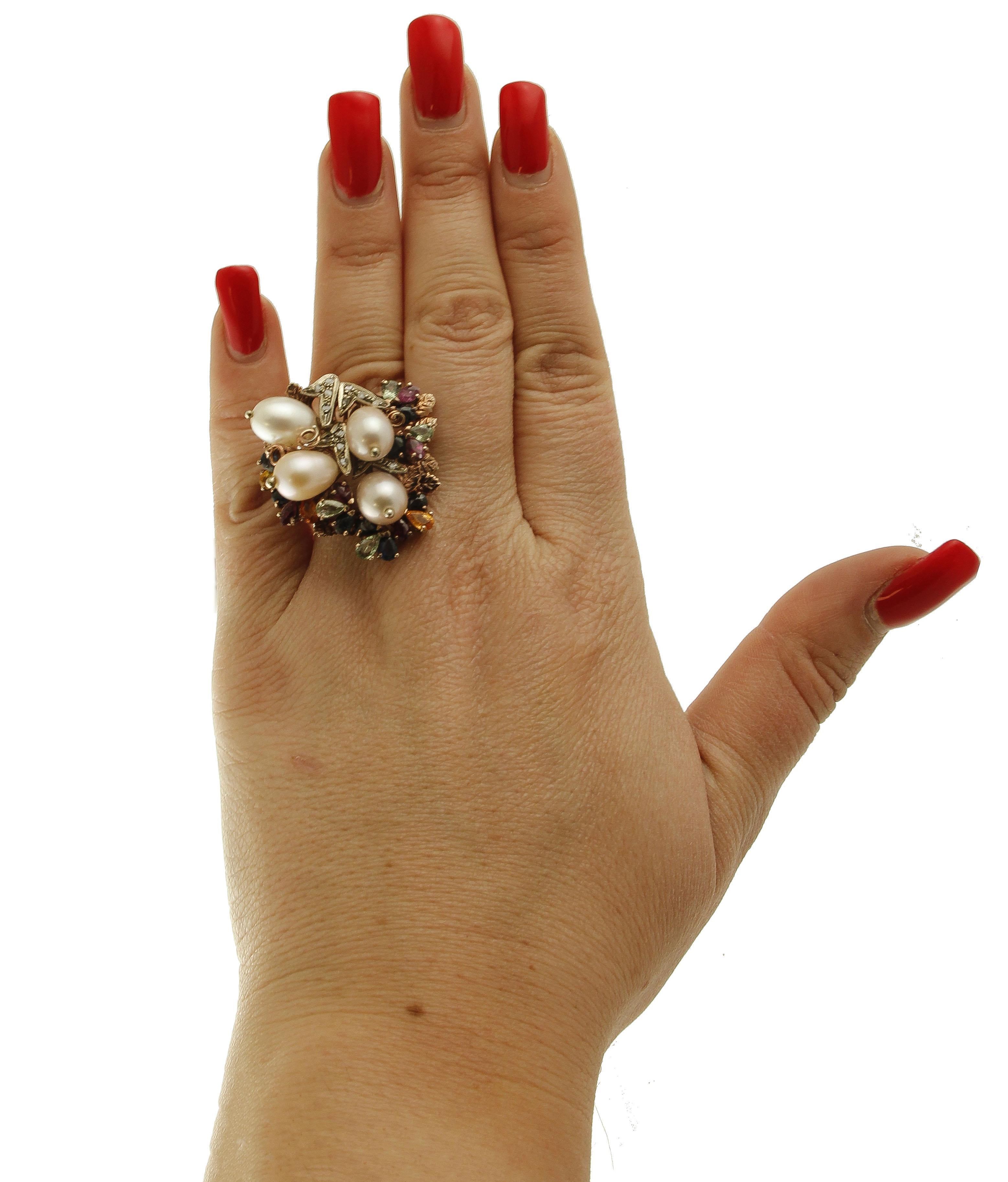 Women's Pearls Diamonds Emeralds Rubies Sapphires 9 Karat Gold and Silver Retro Ring