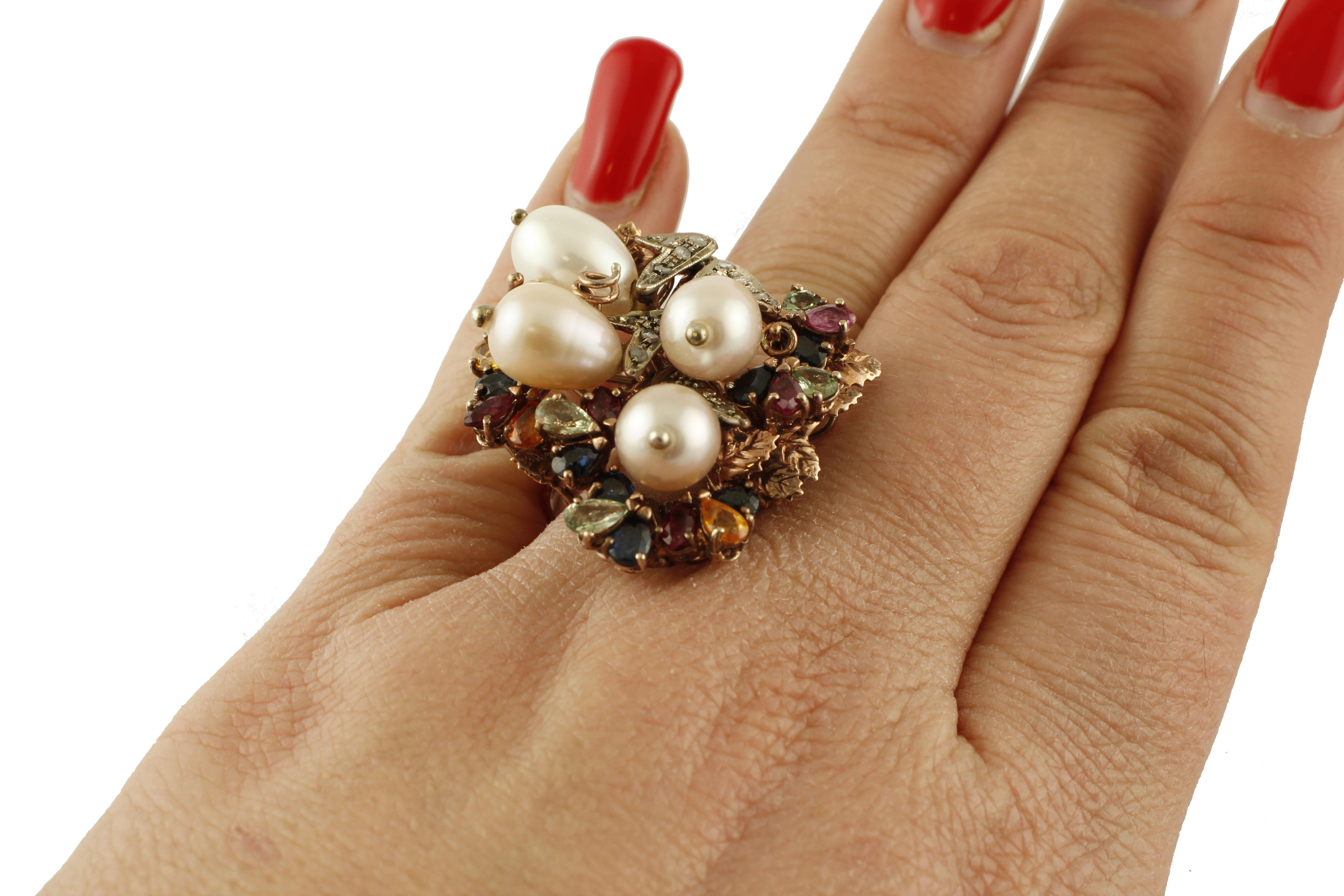 Pearls Diamonds Emeralds Rubies Sapphires 9 Karat Gold and Silver Retro Ring 2