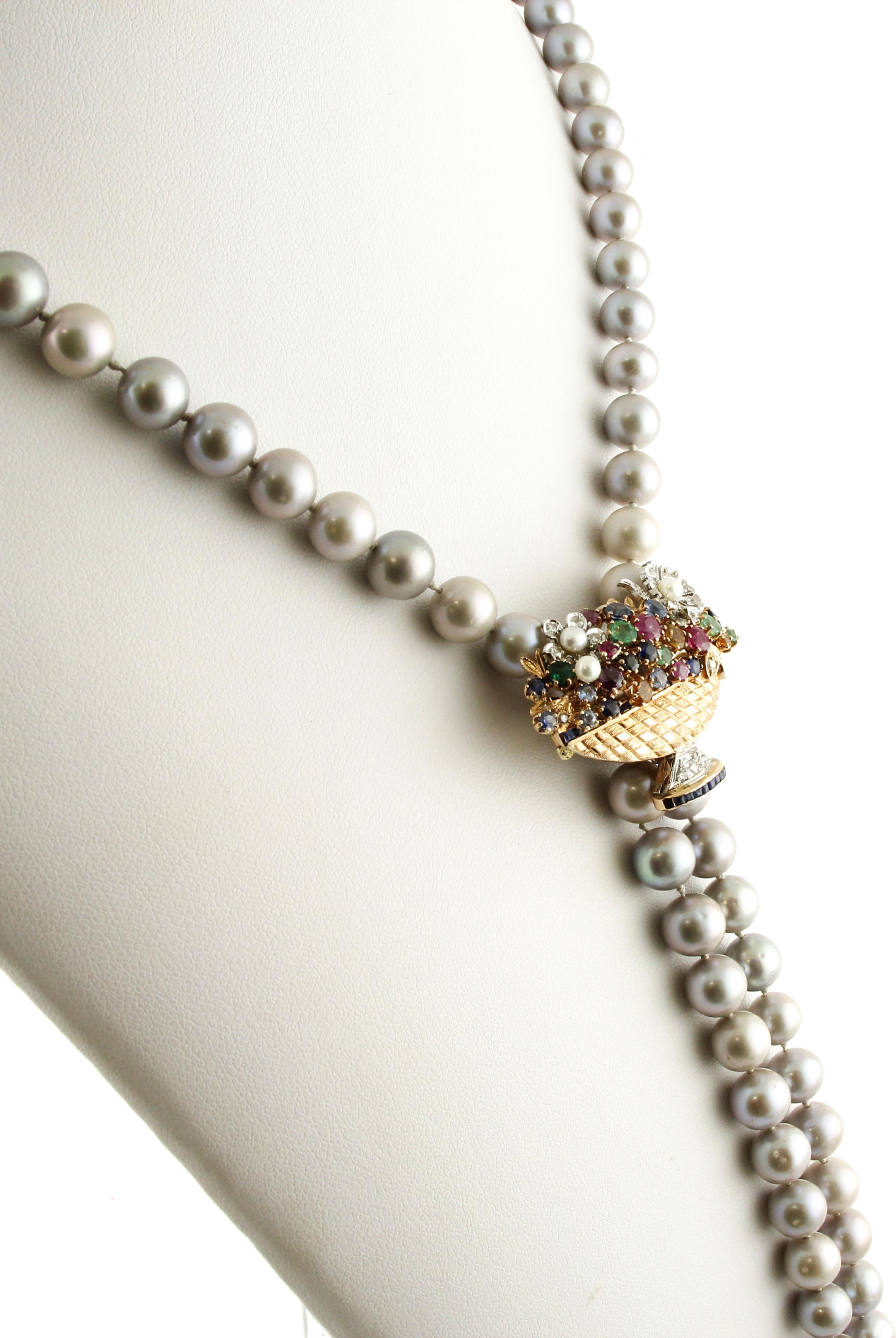 Retro Pearls Diamonds Emeralds Rubies Sapphires Rose Gold Fashion Necklace