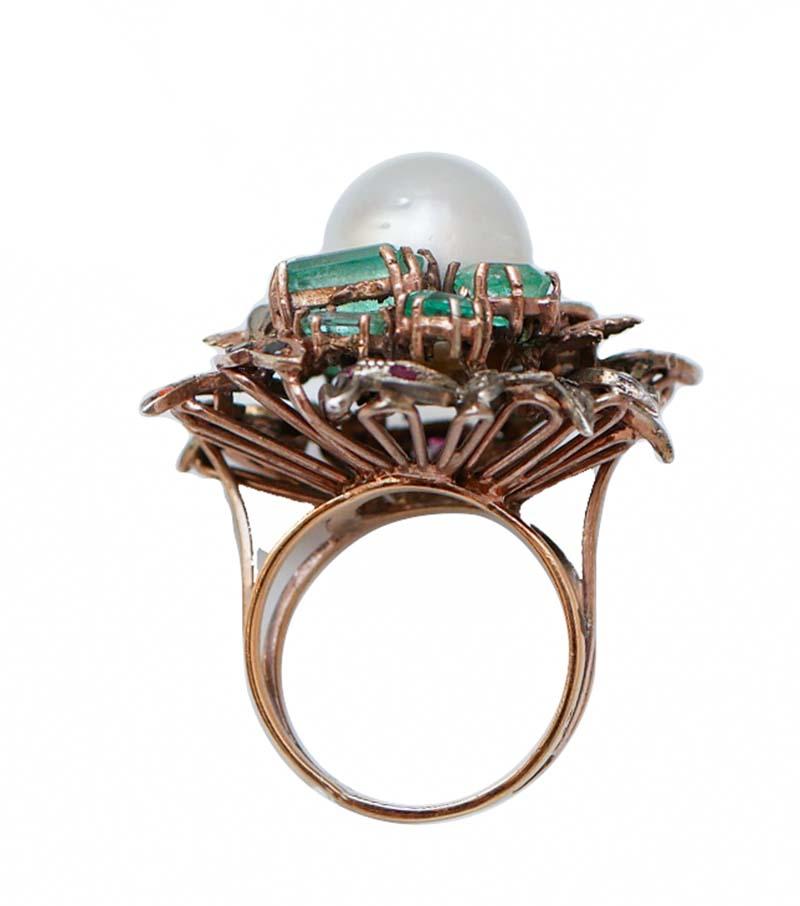 Perlas, Diamantes, Esmeraldas, Zafiros, Rubíes, Piedras, Anillo de Oro Rosa y Plata Retro en venta