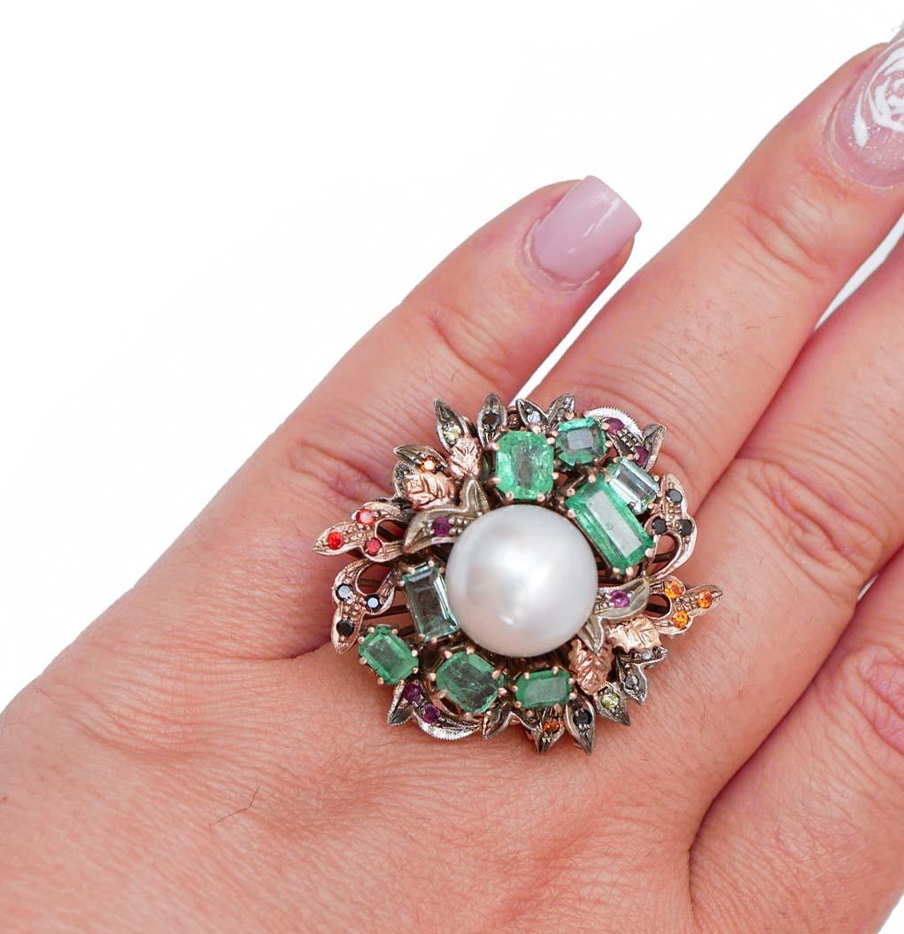 Perlas, Diamantes, Esmeraldas, Zafiros, Rubíes, Piedras, Anillo de Oro Rosa y Plata en Bueno estado para la venta en Marcianise, Marcianise (CE)