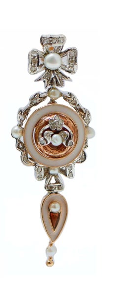 Pearls, Diamonds, Enamel, Rose Gold and Silver Earrings.