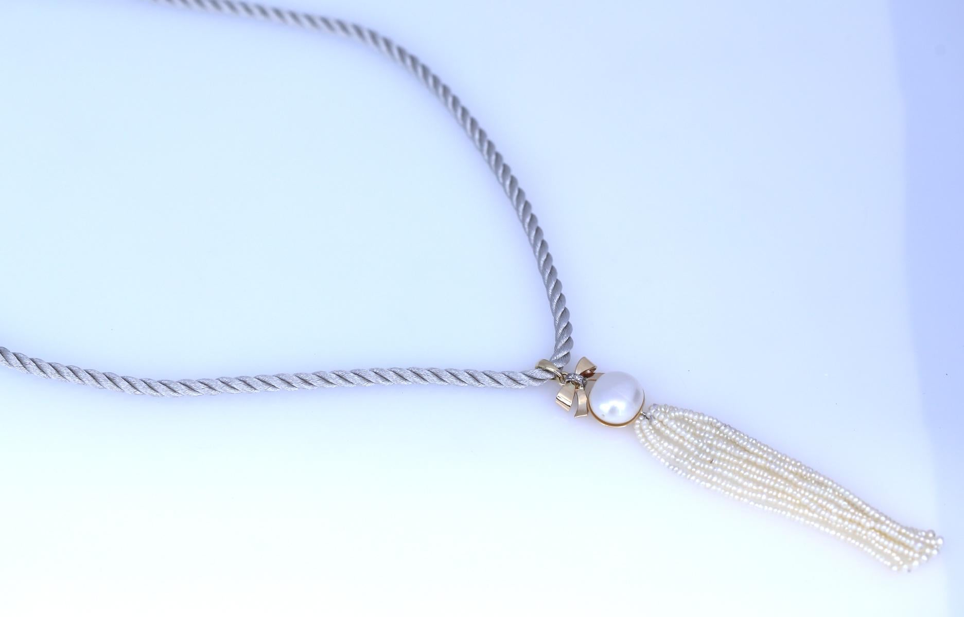 Women's Pearls Diamonds Golden Bow Necklace Pendant, 1980