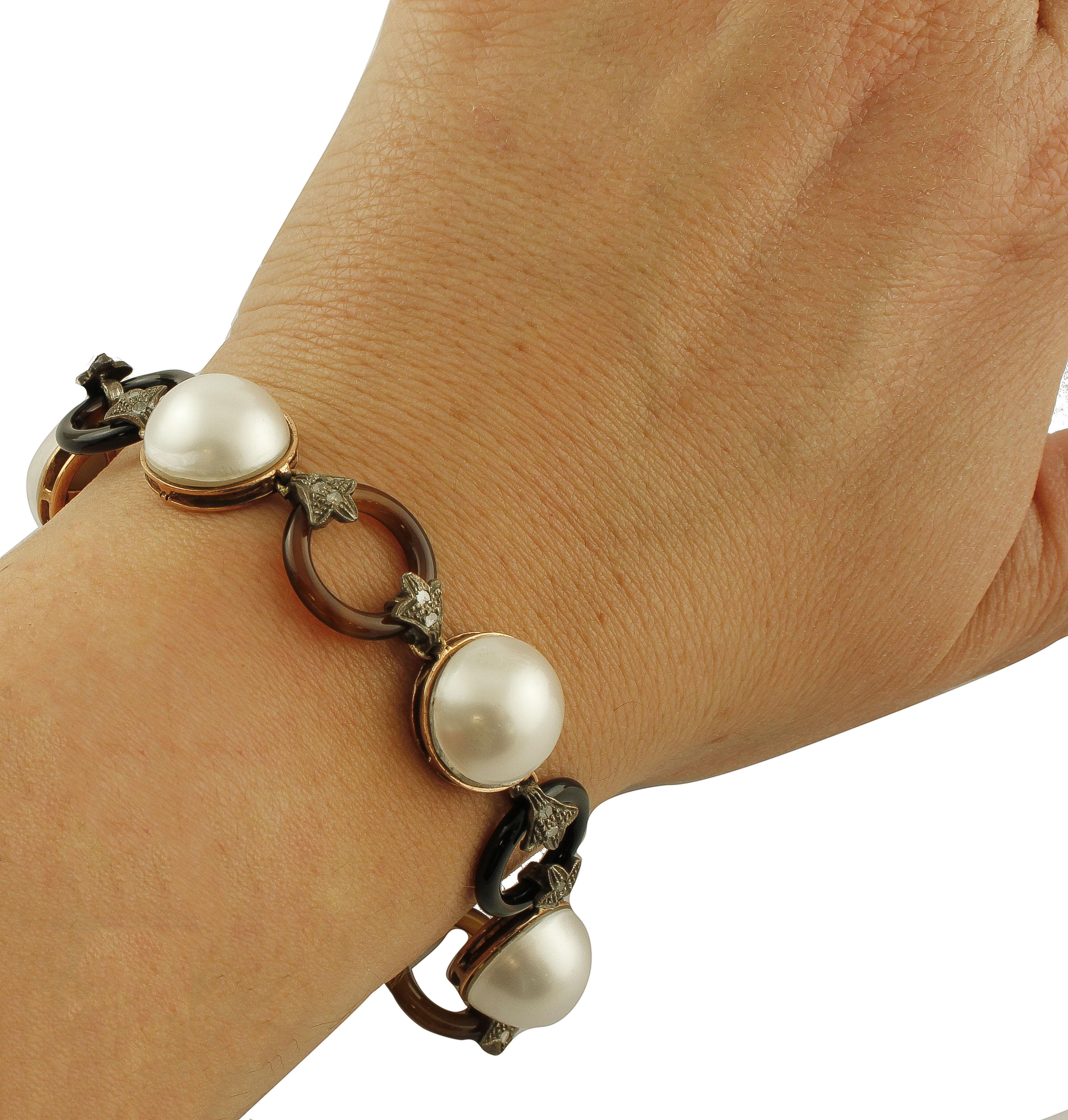 Women's Pearls, Diamonds, Hard Stones Ring, 9 Karat Rose Gold and Silver Bracelet For Sale