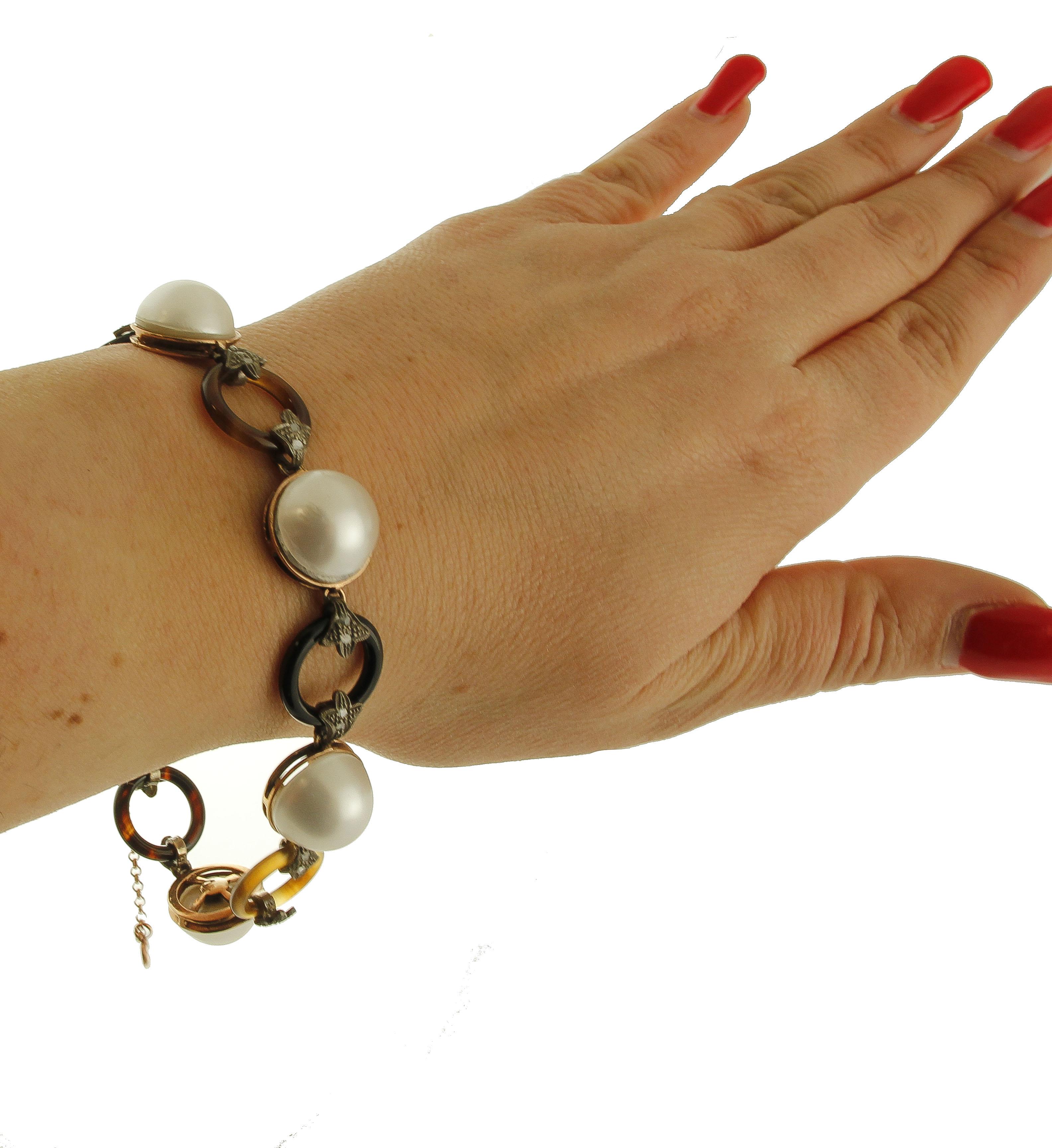 Pearls, Diamonds, Hard Stones Ring, 9 Karat Rose Gold and Silver Bracelet For Sale 1