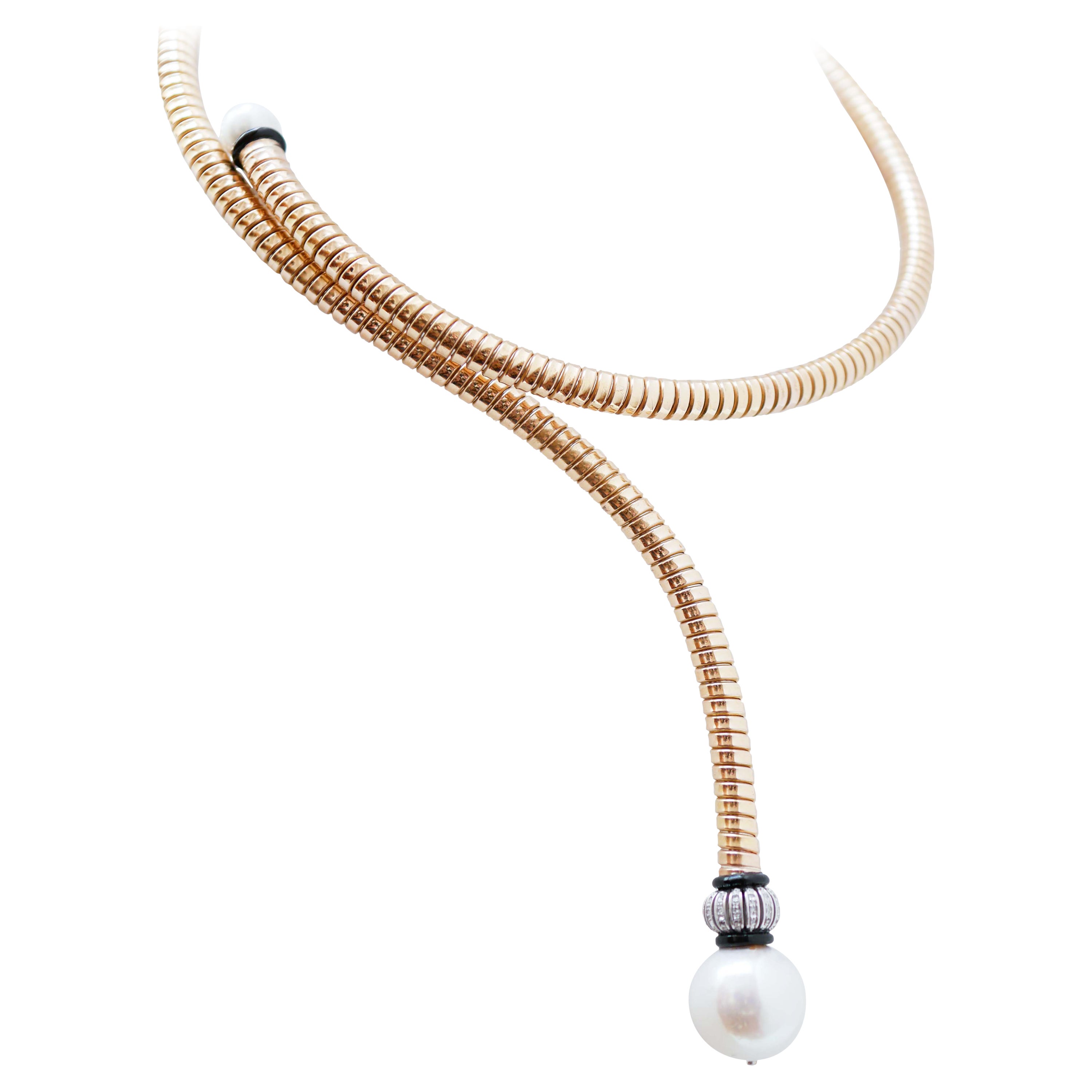 Pearls, Diamonds, Onyx, 14 Karat Rose Gold Tubogas Necklace.