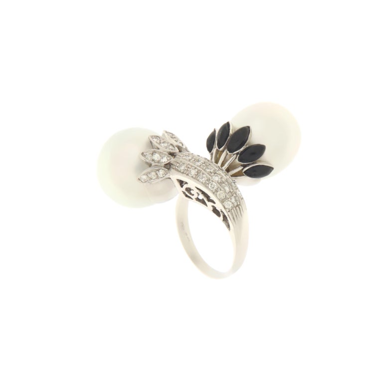 Pearls Diamonds Onyx 18 Karat White Gold Cocktail Ring For Sale at 1stDibs