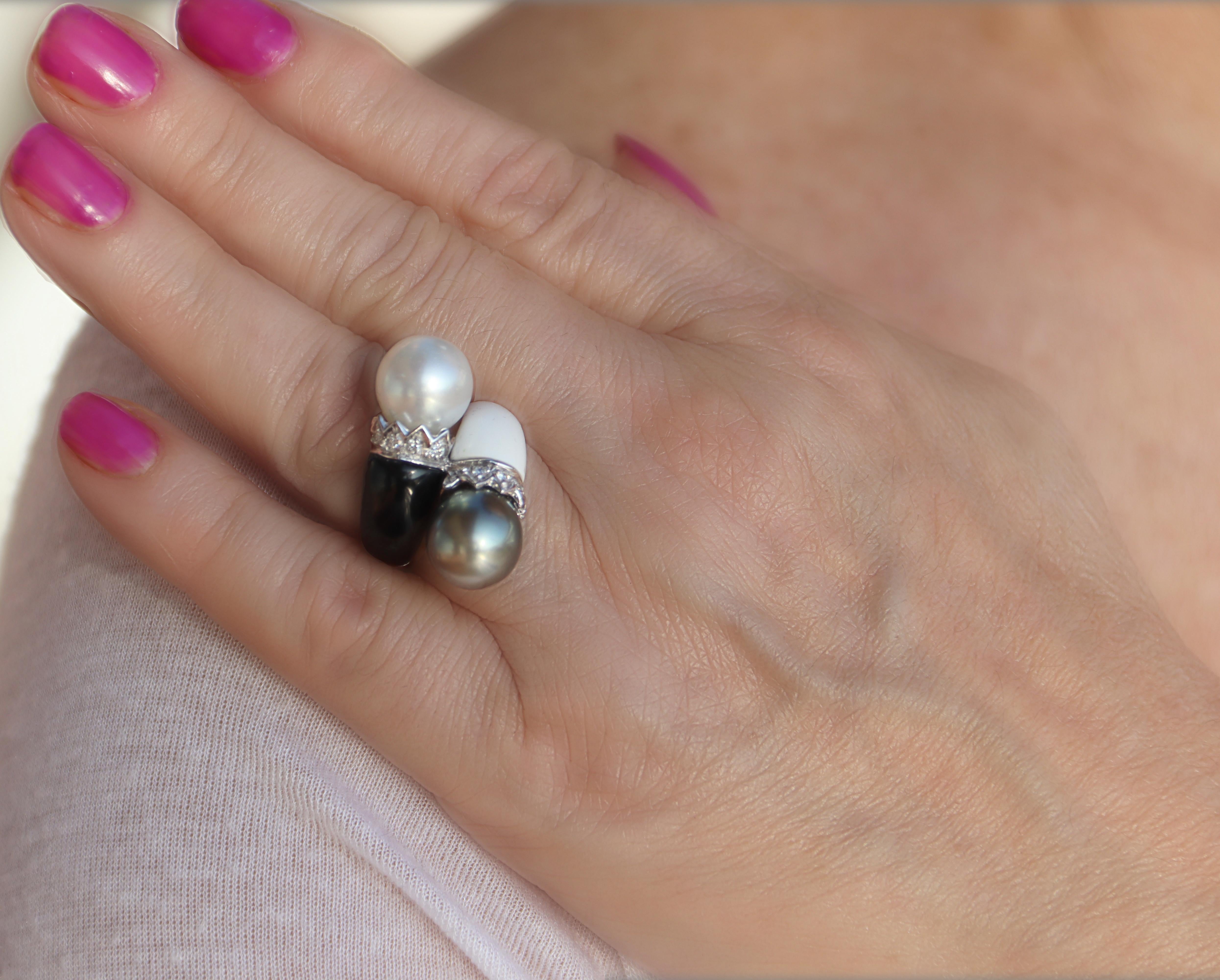 Perlen Diamanten Onyx Achat 18 Karat Weißgold Cocktail Ring im Angebot 4