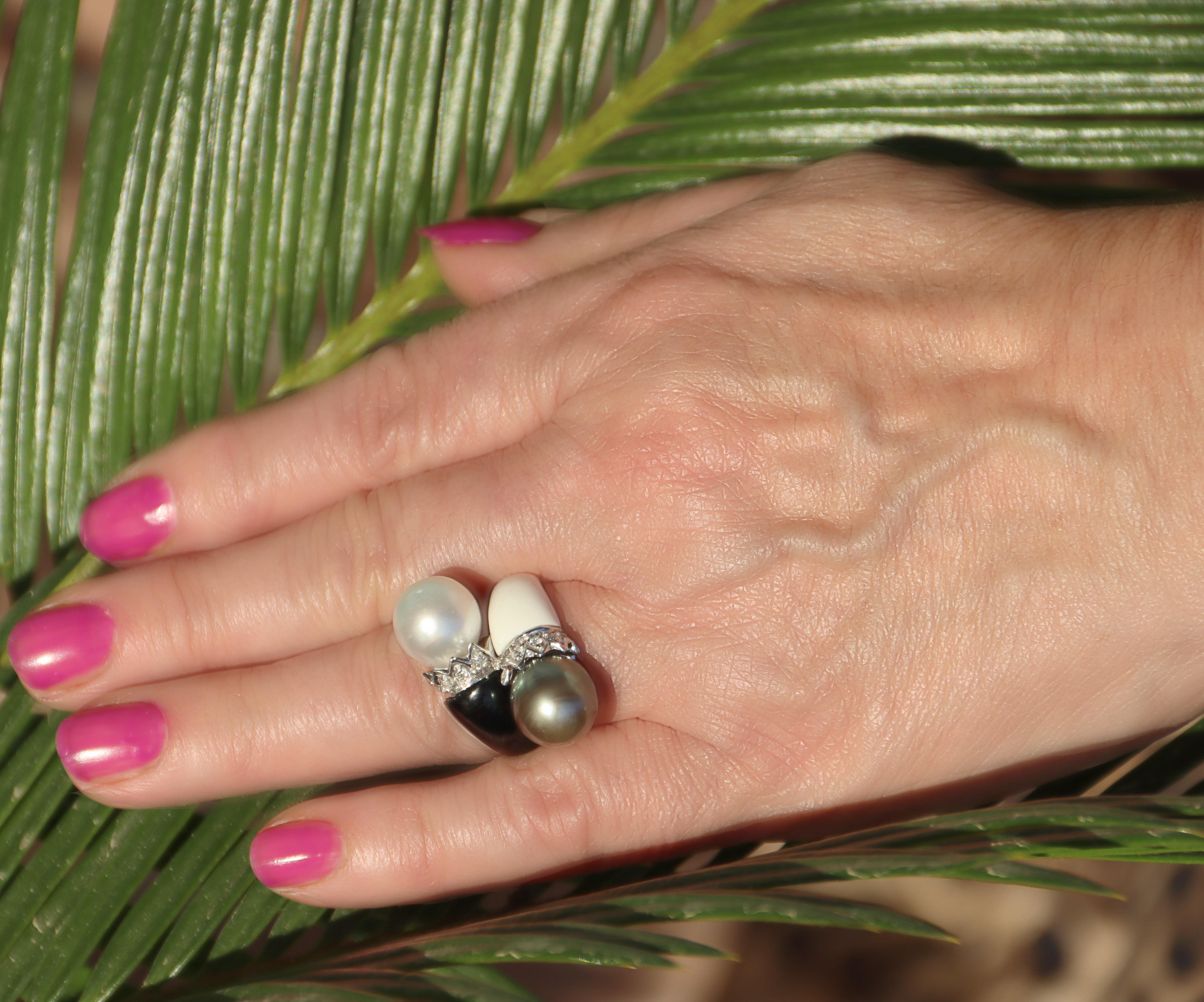 Perlen Diamanten Onyx Achat 18 Karat Weißgold Cocktail Ring im Angebot 6