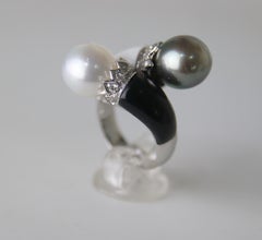 18K White Gold Pearl Diamond Onyx Agate Cocktail Ring by SCALA