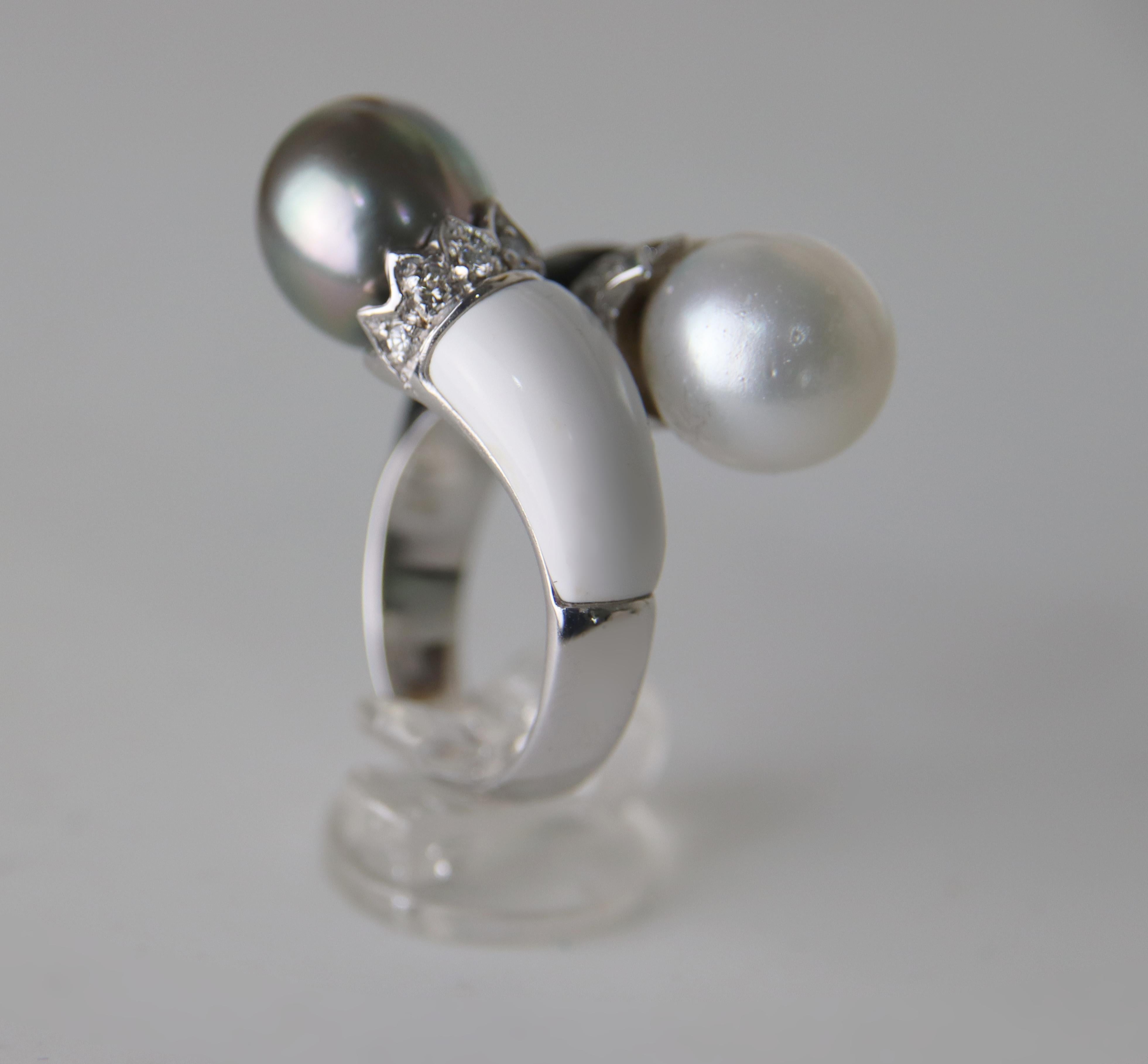 Perlen Diamanten Onyx Achat 18 Karat Weißgold Cocktail Ring (Kunsthandwerker*in) im Angebot