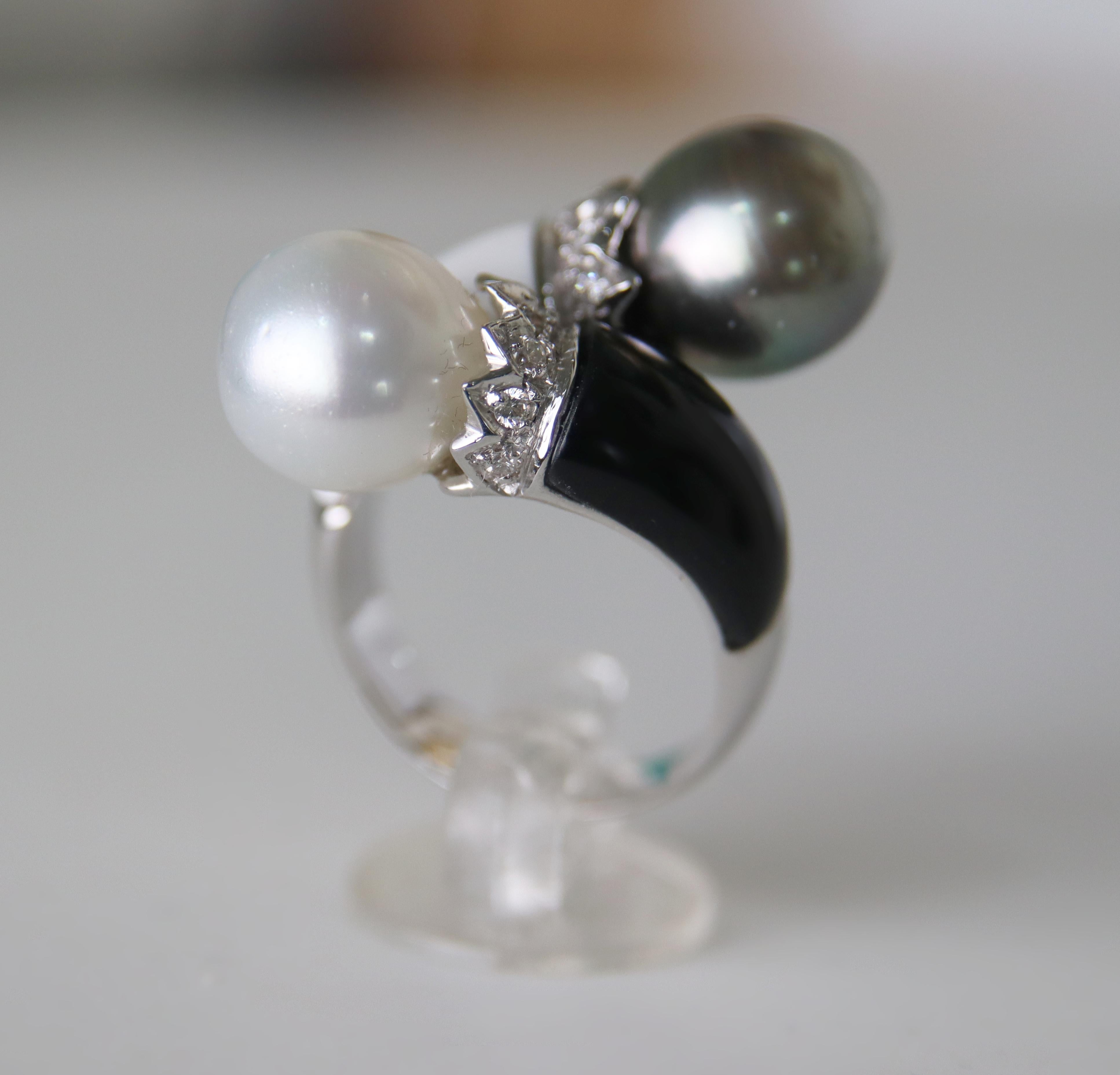 Perlen Diamanten Onyx Achat 18 Karat Weißgold Cocktail Ring im Zustand „Neu“ im Angebot in Marcianise, IT