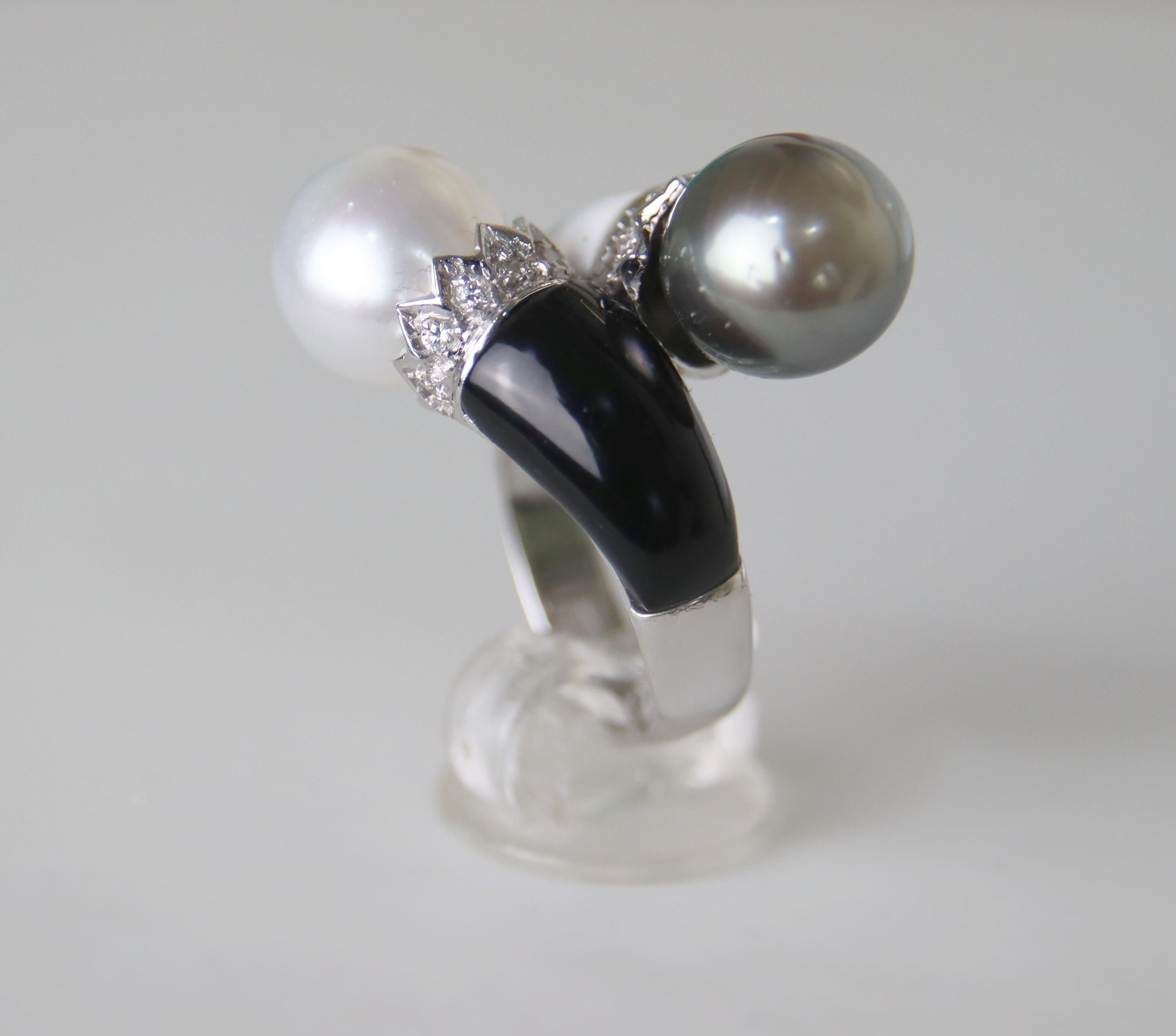 Perlen Diamanten Onyx Achat 18 Karat Weißgold Cocktail Ring Damen im Angebot