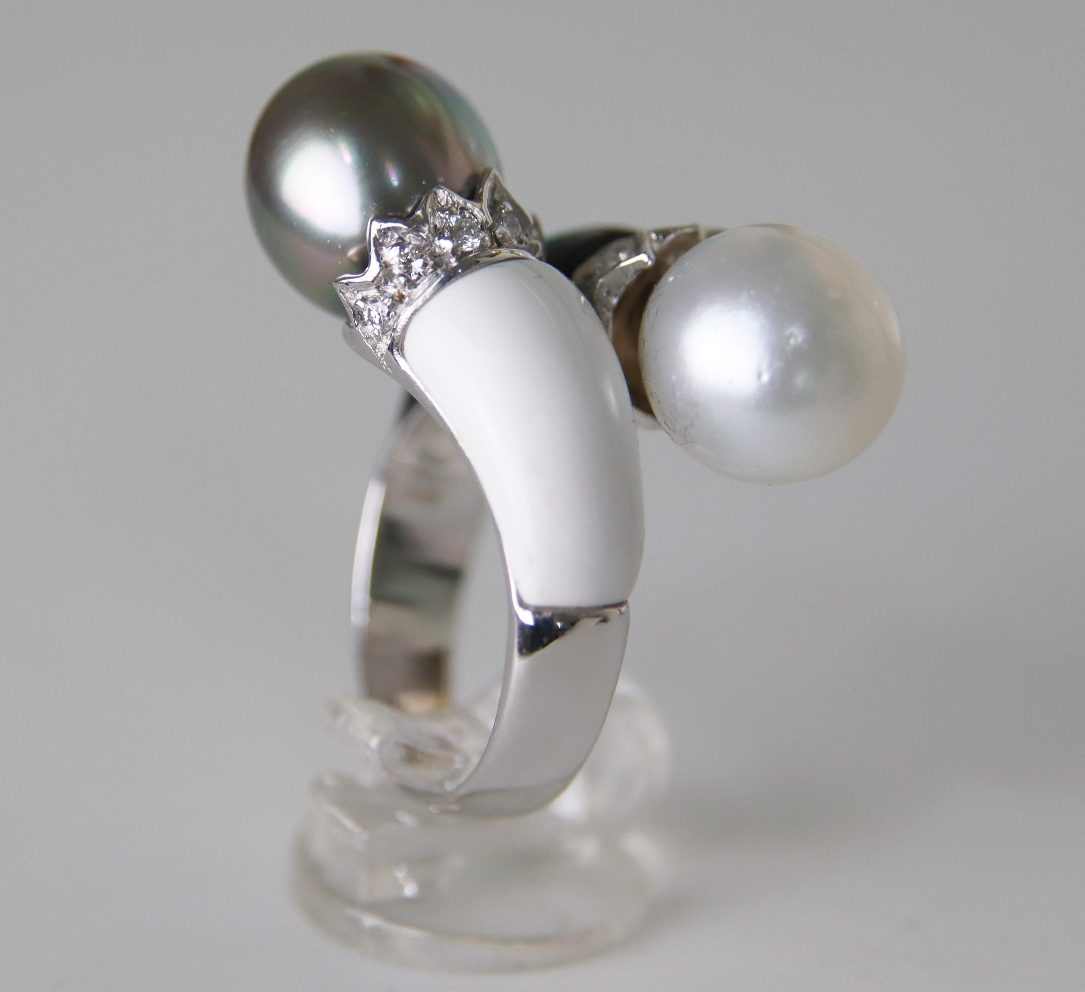 Perlen Diamanten Onyx Achat 18 Karat Weißgold Cocktail Ring im Angebot 1