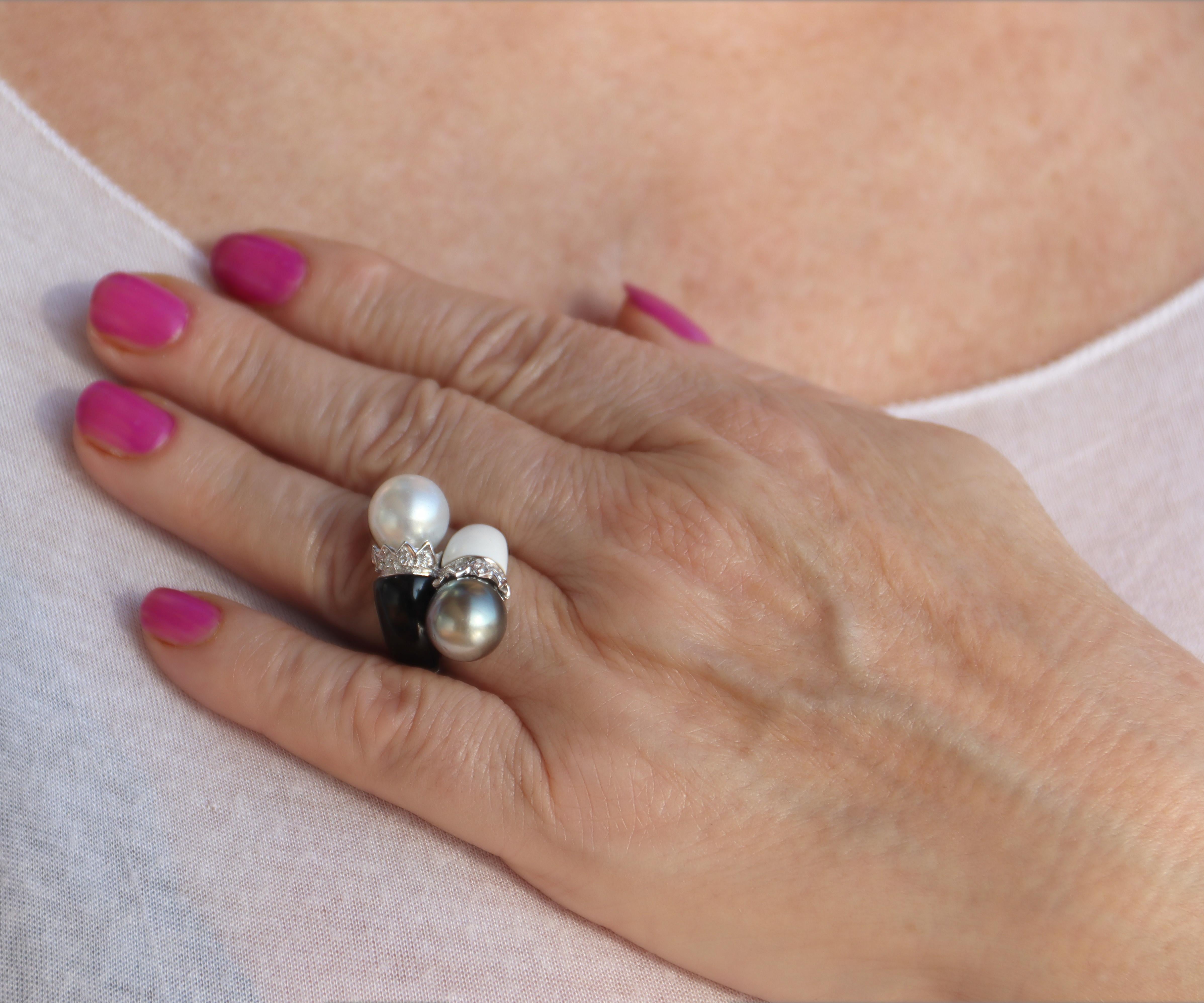 Perlen Diamanten Onyx Achat 18 Karat Weißgold Cocktail Ring im Angebot 2