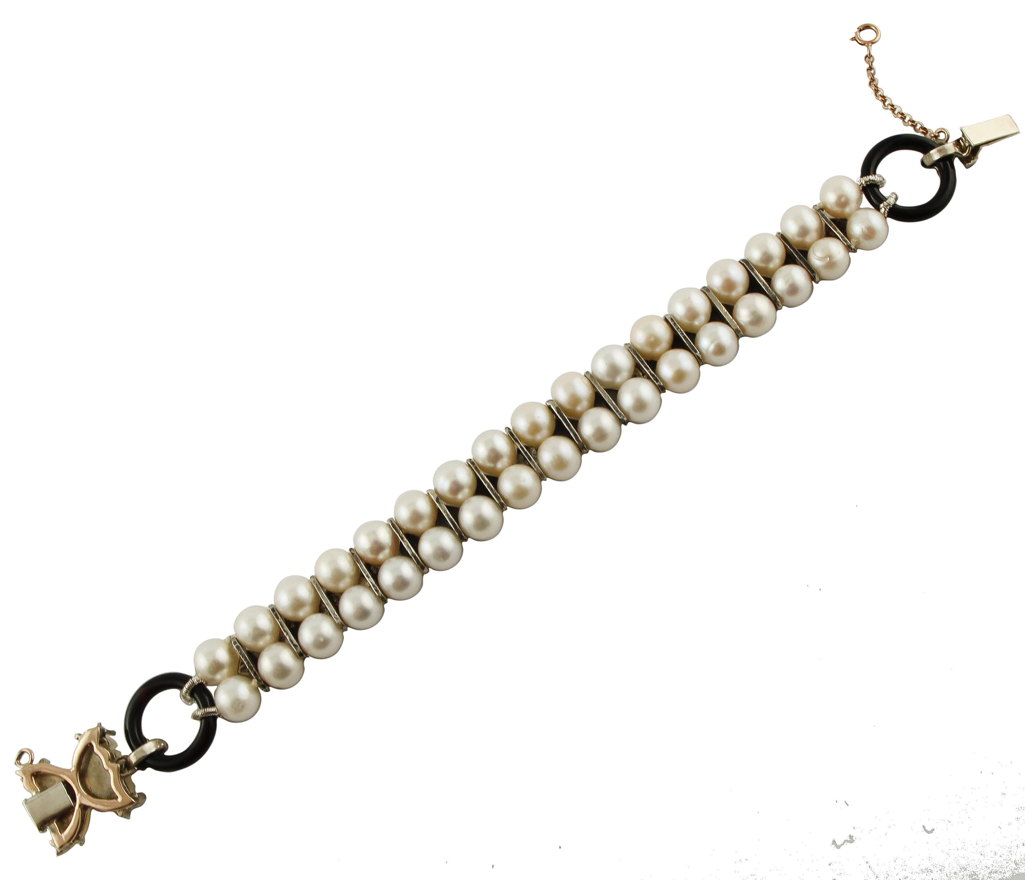 Pearls, Diamonds, Onyx, Mother-of-Pearl Rose Gold and Silver Beaded Bracelet In Excellent Condition In Marcianise, Marcianise (CE)