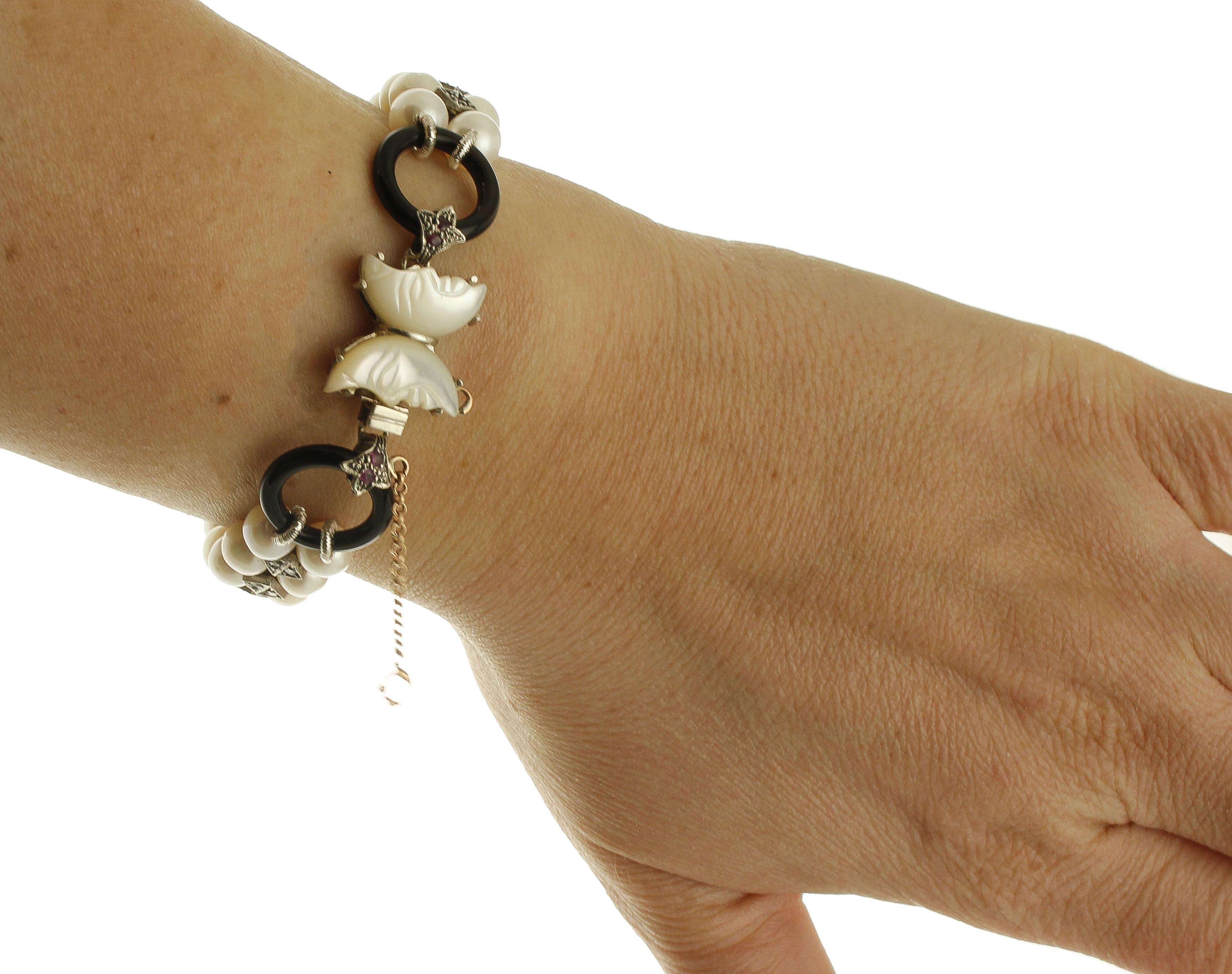 Women's Pearls, Diamonds, Onyx, Mother-of-Pearl Rose Gold and Silver Beaded Bracelet