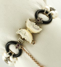 Pearls, Diamonds, Onyx, Mother-of-Pearl Rose Gold and Silver Beaded Bracelet