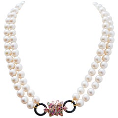 Pearls, Diamonds, Onyx, Rubies, Emeralds, Sapphires, Gold and Silver Necklace