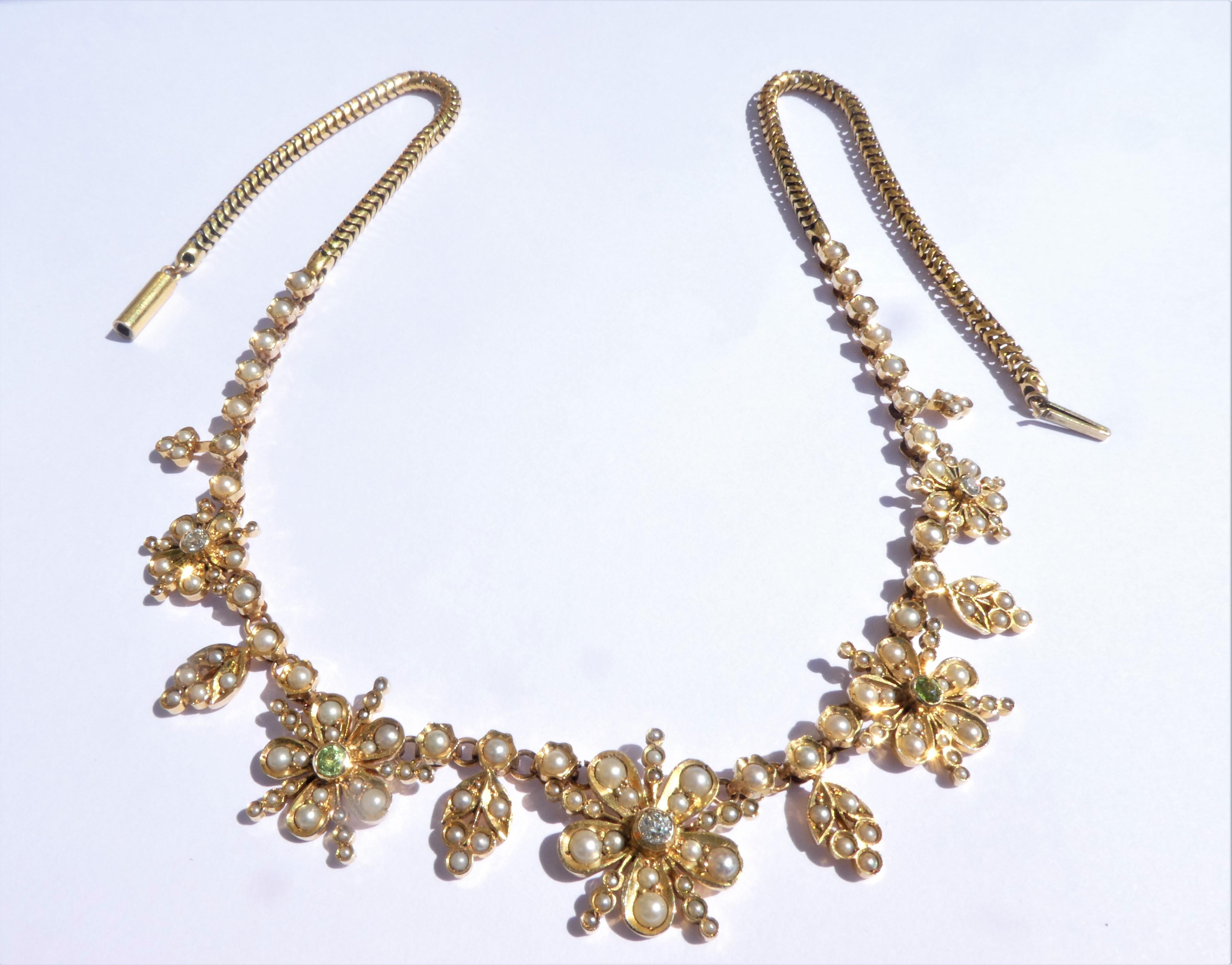 Old European Cut Pearls Diamonds Peridot Gold Victorian English Flower Necklace For Sale