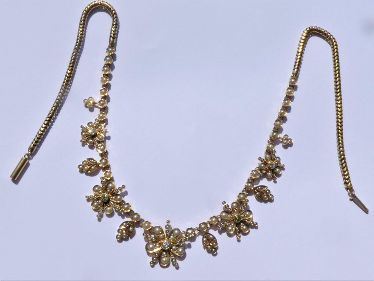 Pearls Diamonds Peridot 14 Karat Gold Victorian English Flower Necklace ...