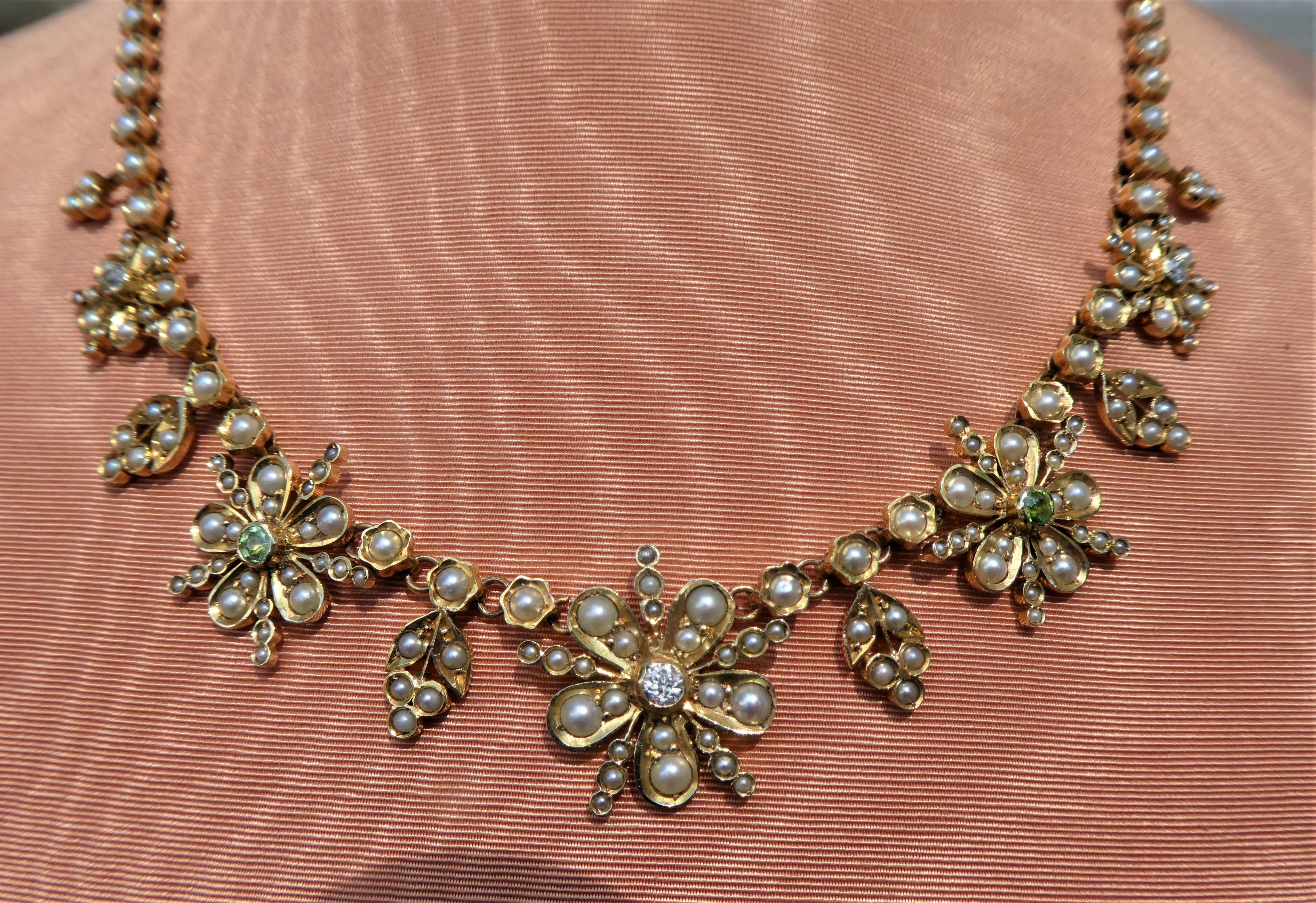 Pearls Diamonds Peridot Gold Victorian English Flower Necklace For Sale 1