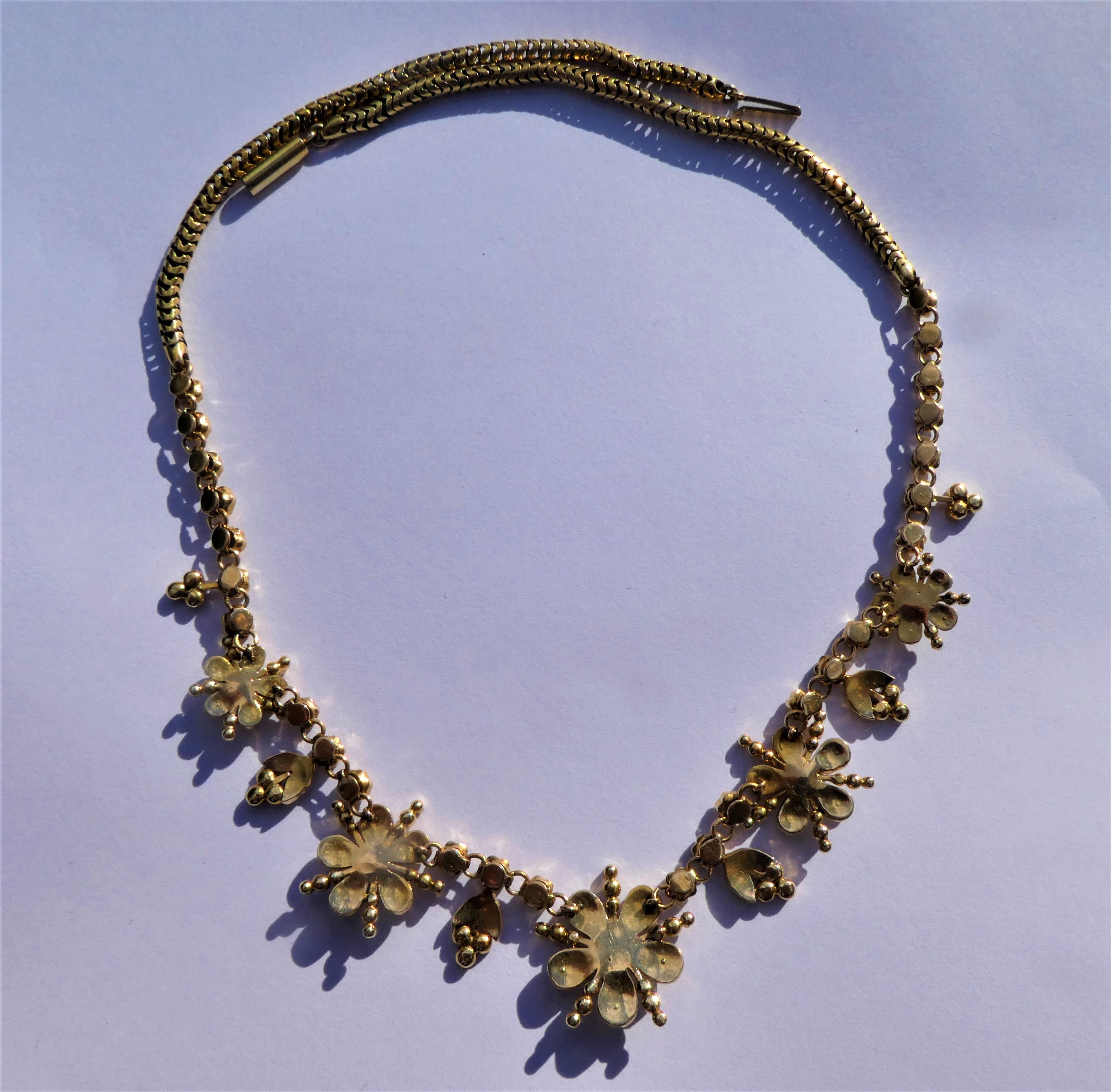 Pearls Diamonds Peridot Gold Victorian English Flower Necklace For Sale 2