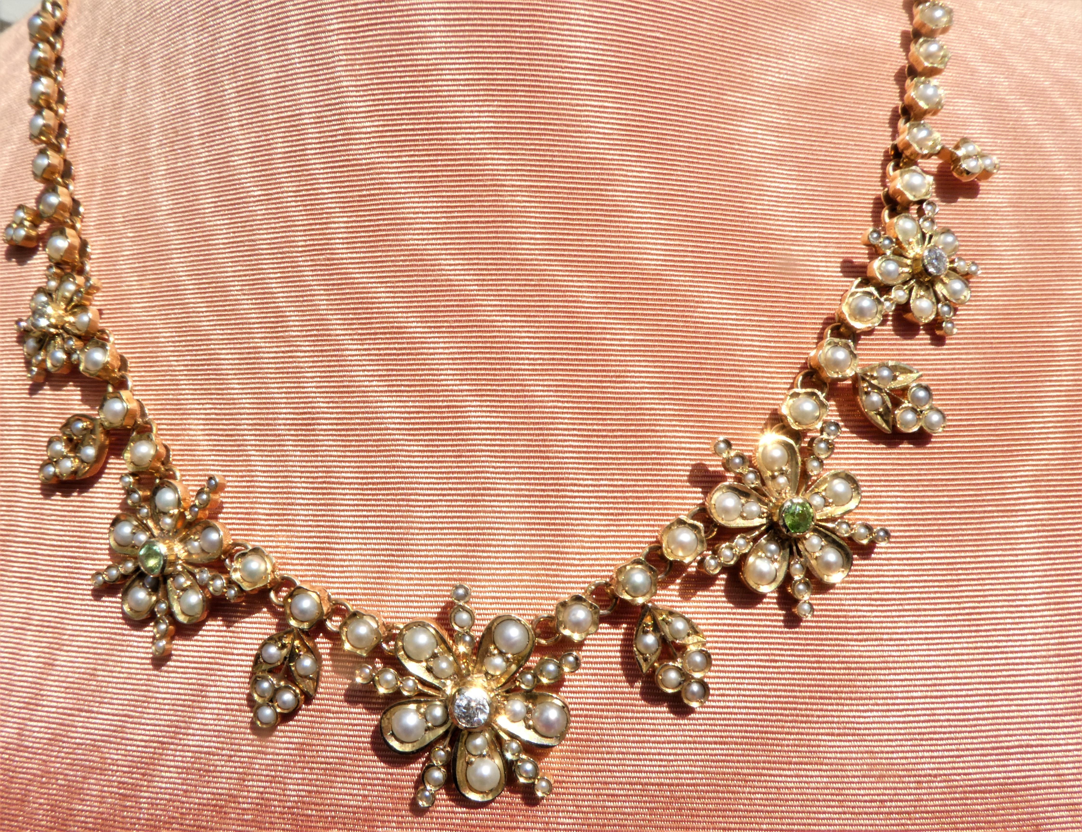 Pearls Diamonds Peridot Gold Victorian English Flower Necklace For Sale 3
