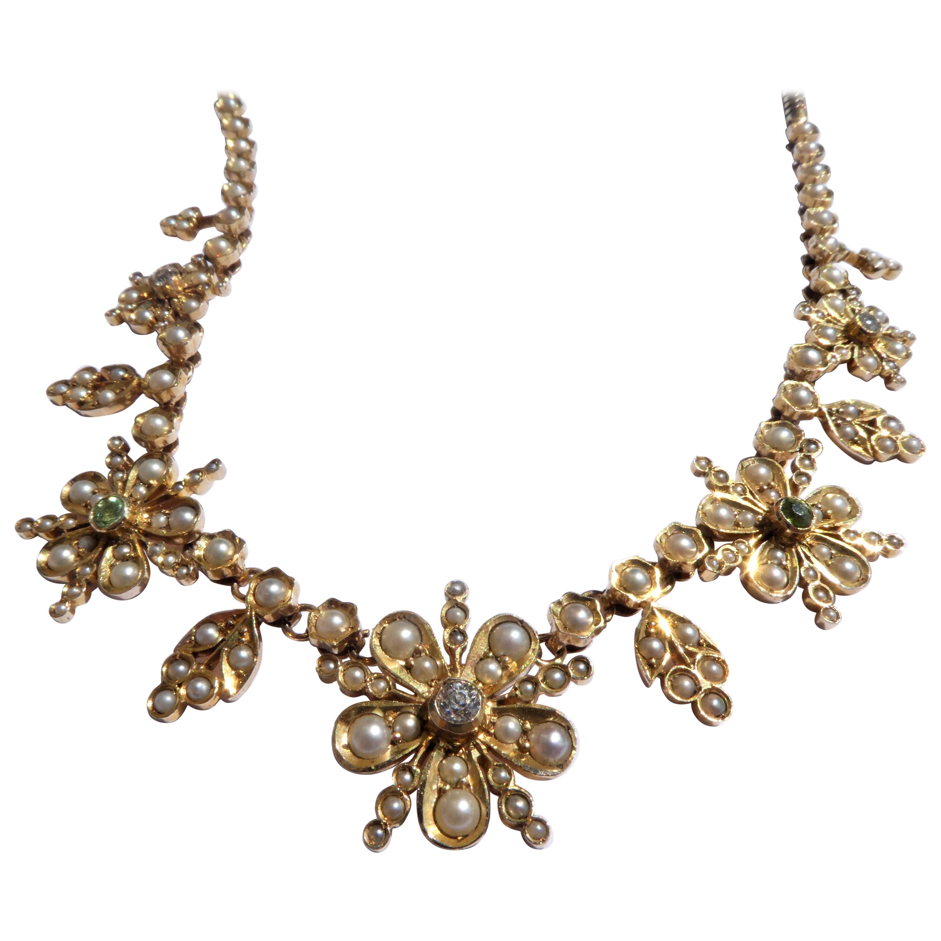 Pearls Diamonds Peridot Gold Victorian English Flower Necklace For Sale