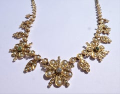 Pearls Diamonds Peridot Gold Victorian English Flower Necklace