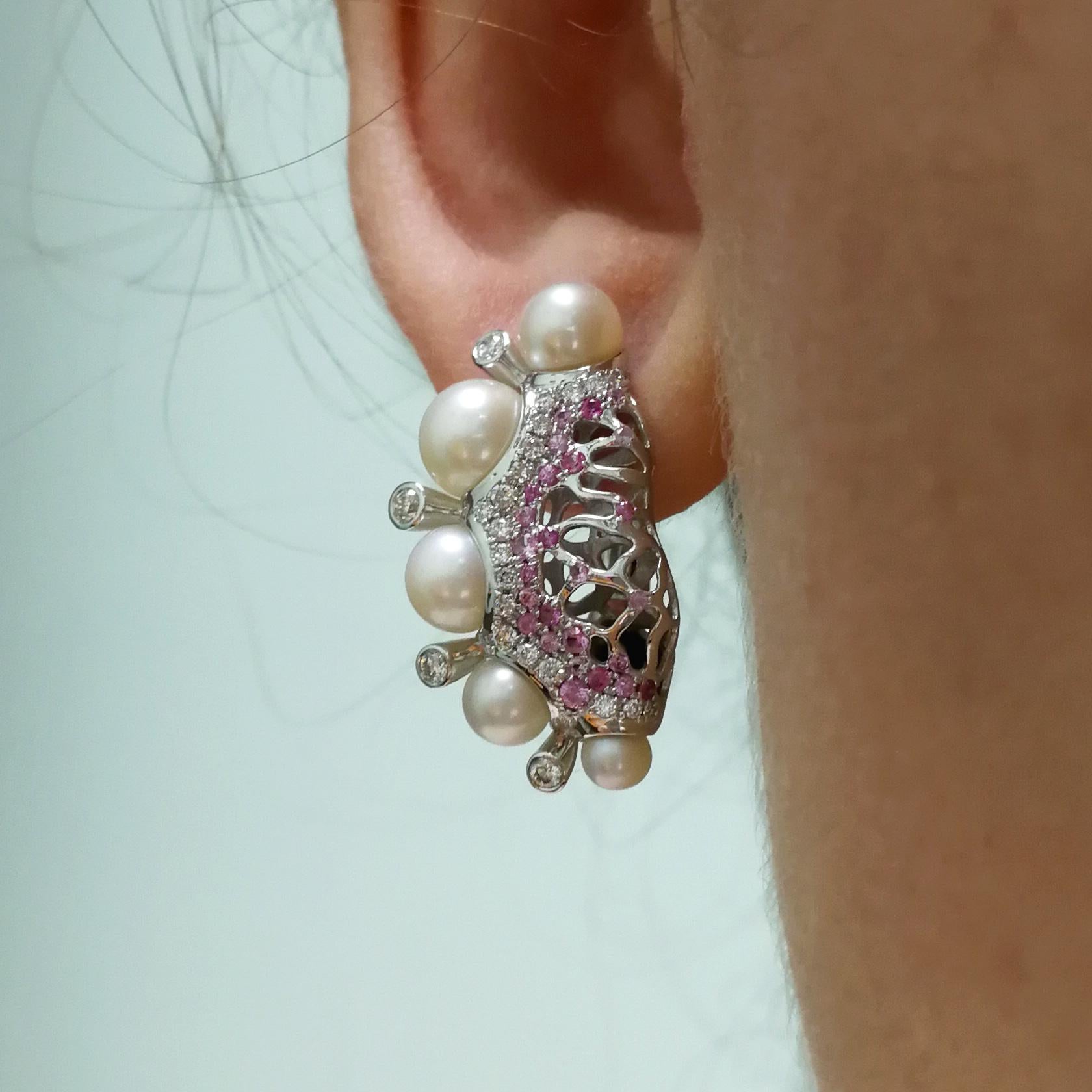 Pearls Diamonds Pink Sapphire 18 Karat White Gold Coral Reef Earrings For Sale 3